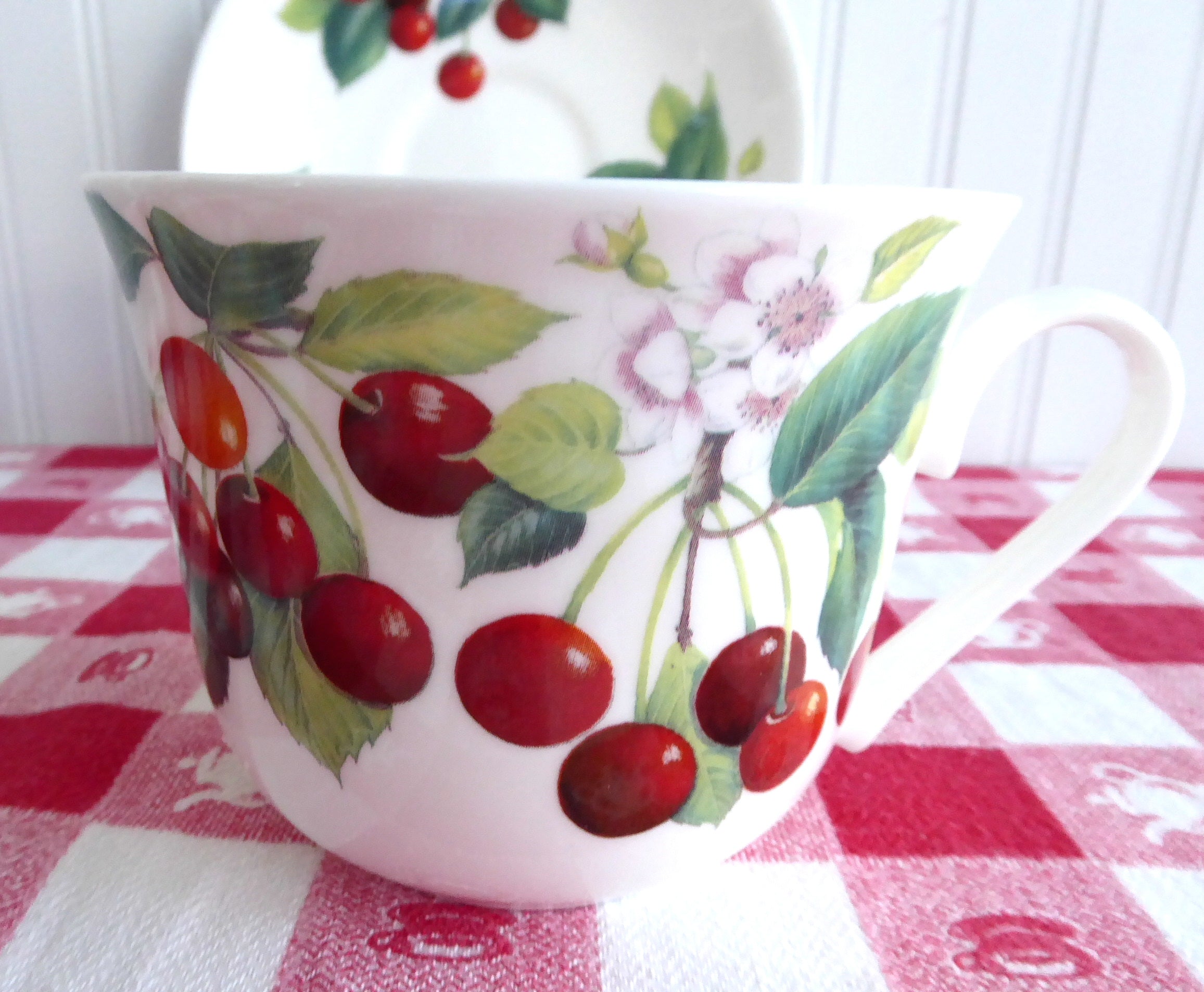 Roy Kirkham Bone China Cherry Breakfast Cup and Saucer Set - Large Red Cherry Design for Tea, Coffee, and Elegant Morning Dining