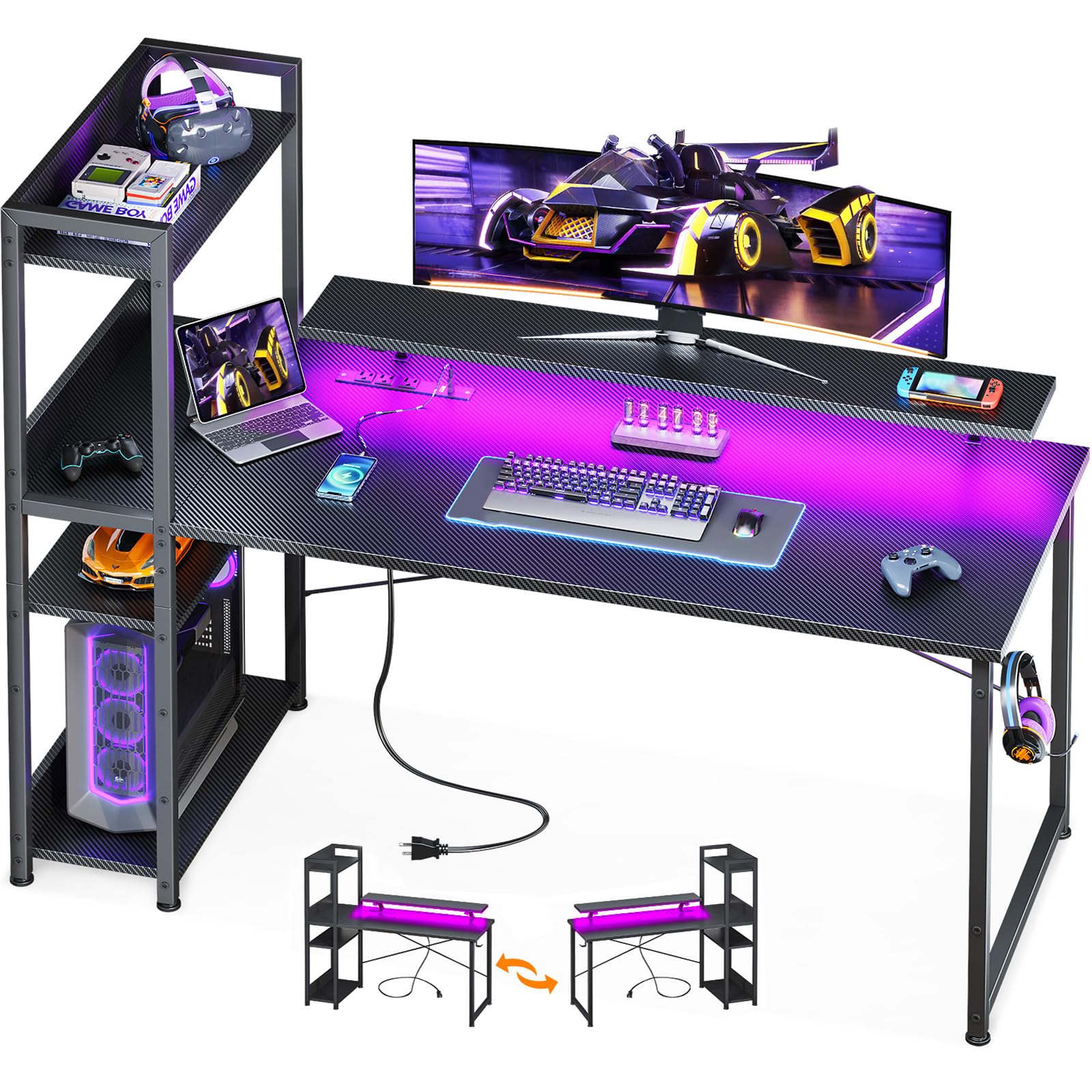 ODK 55 Inch Reversible Gaming Desk with USB Charging Port & LED Lights, Carbon Fiber Black Computer Desk with Storage Shelves & Monitor Stand - Perfect for Home Office, Gaming Setup, and Bedroom Workspace