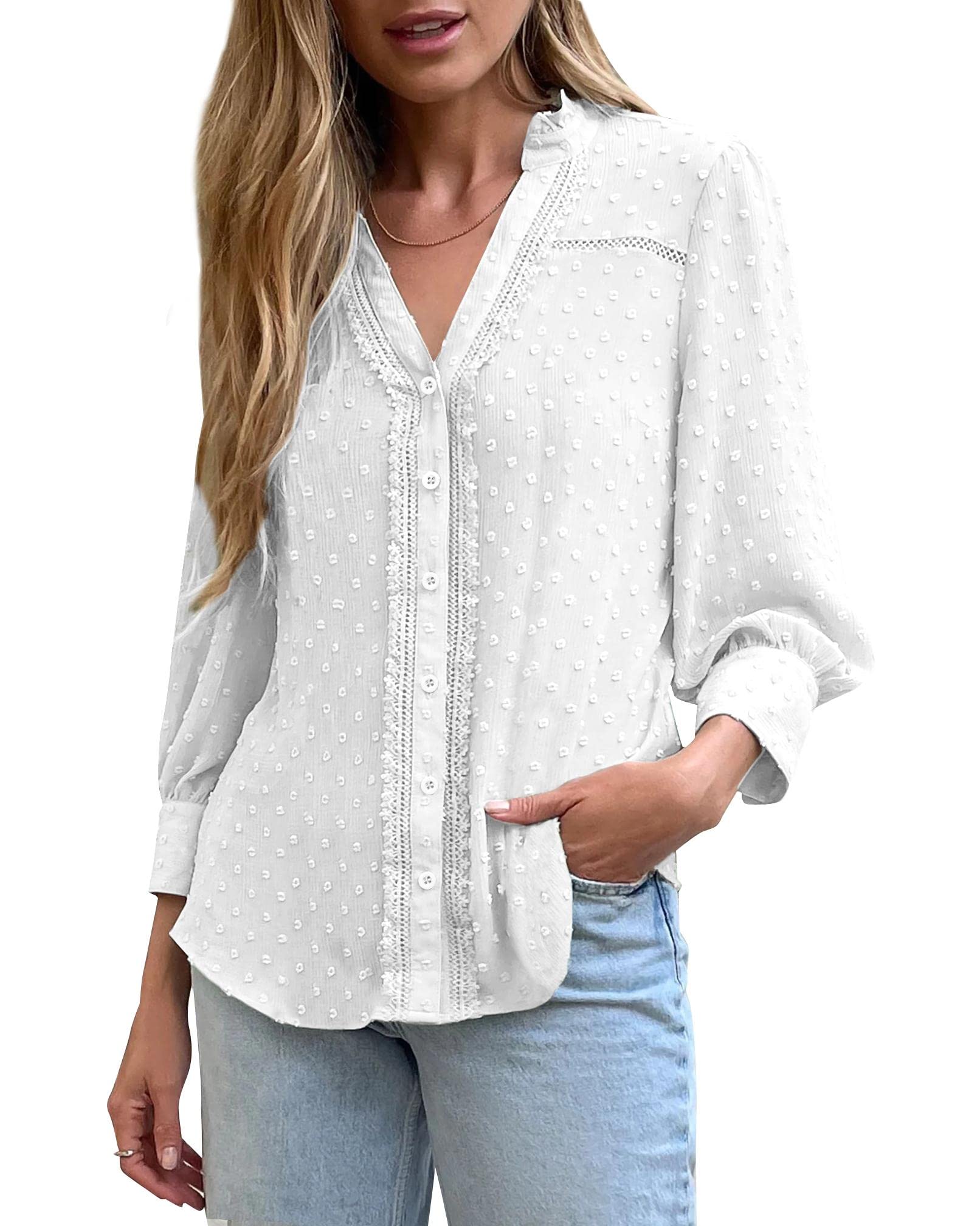 Imily Bela Women's 3/4 Sleeve V-Neck Chiffon Blouse - Loose Fit Lace Pom Pom Button Down Top for Fall & Autumn | Casual Office Wear & Date Night Outfits