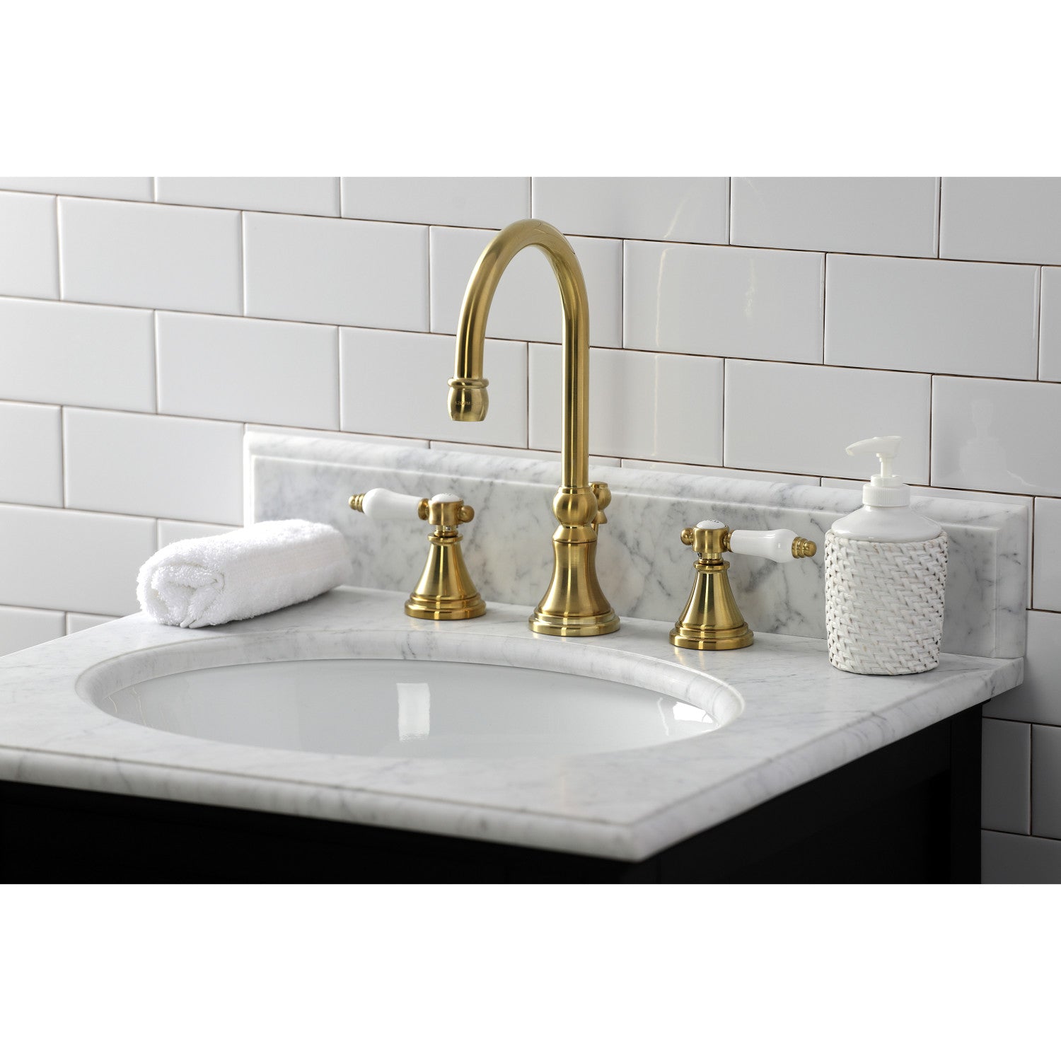 Bel Air KS2987BPL Brushed Brass Widespread Bathroom Faucet - 2 Handle 3 Hole Deck Mount with Pop Up Drain - Perfect for Modern Bathroom Vanities and Sink Upgrades