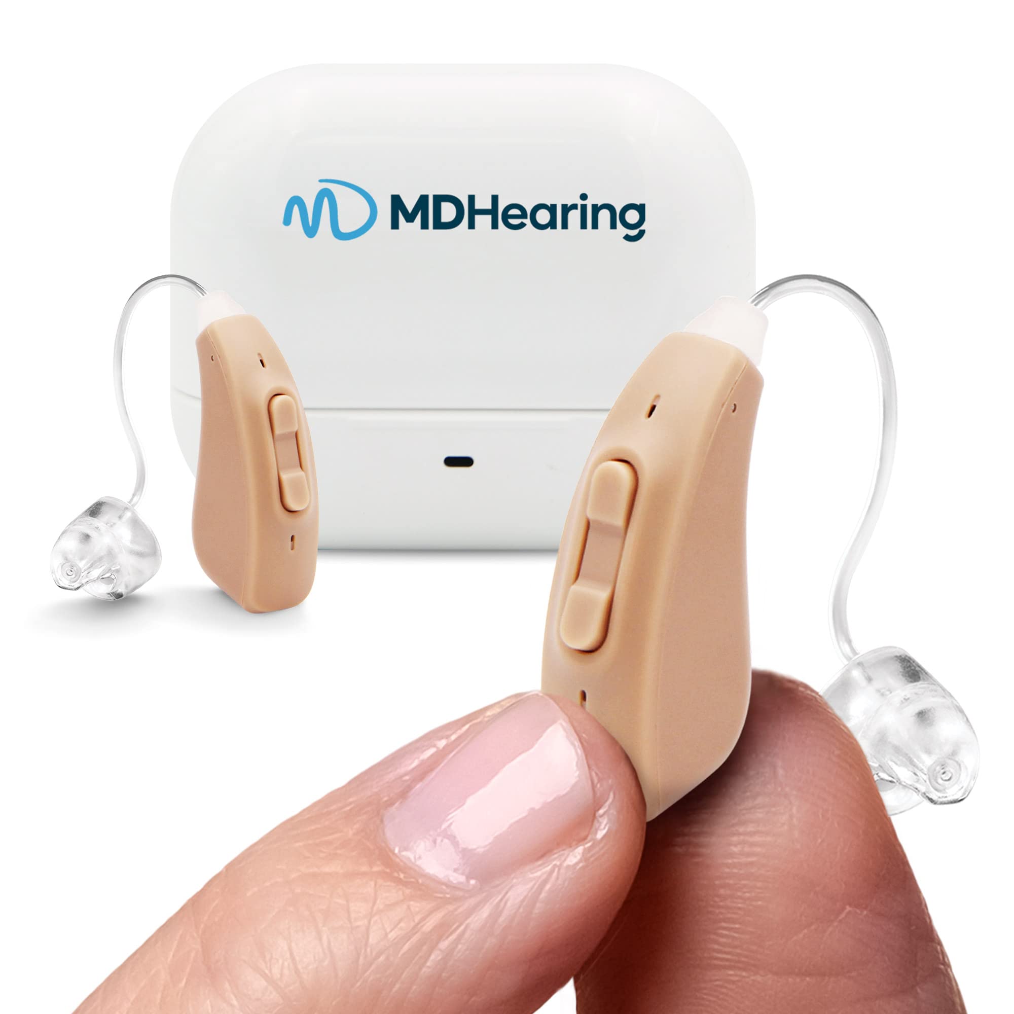 MDHearing AIR Rechargeable OTC Hearing Aids (Pair) - Crystal Clear Digital Sound, Nearly Invisible Design, Glasses Compatible - Ideal for Seniors, TV Watching & Social Gatherings