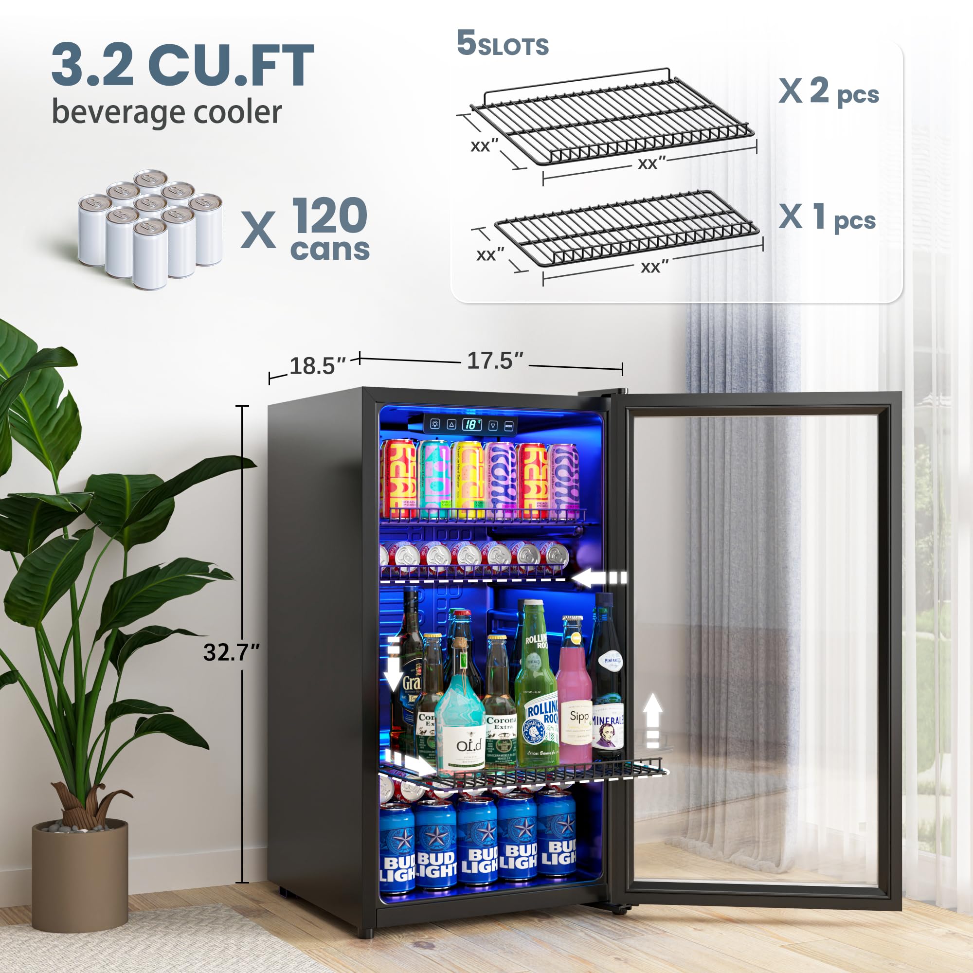 Compact 3.2 Cu.Ft Beverage Refrigerator with Glass Door - Adjustable Shelves & Digital Temperature Control for Wine, Beer, Soda - Perfect for Home Bar, Office, Dorm or Kitchen (Silver)