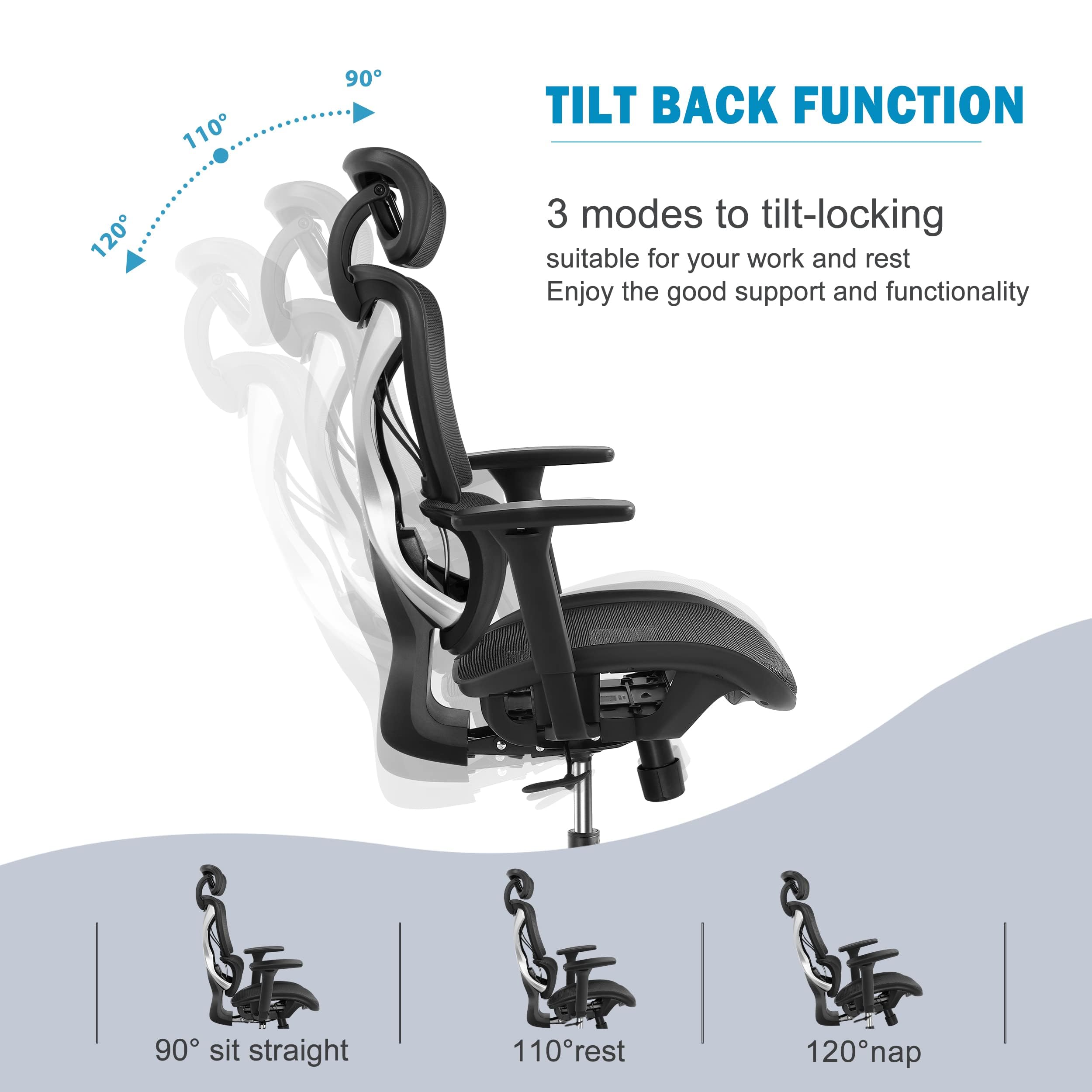 GABRYLLY Ergonomic Office Chair - Big and Tall Mesh Computer Chair with Adjustable Lumbar Support, 3D Armrests & Headrest - High Back Desk Chair for Home Office, Gaming & Work (Grey) - Perfect for Long Hours Sitting, Back Pain Relief & Productivity Boost