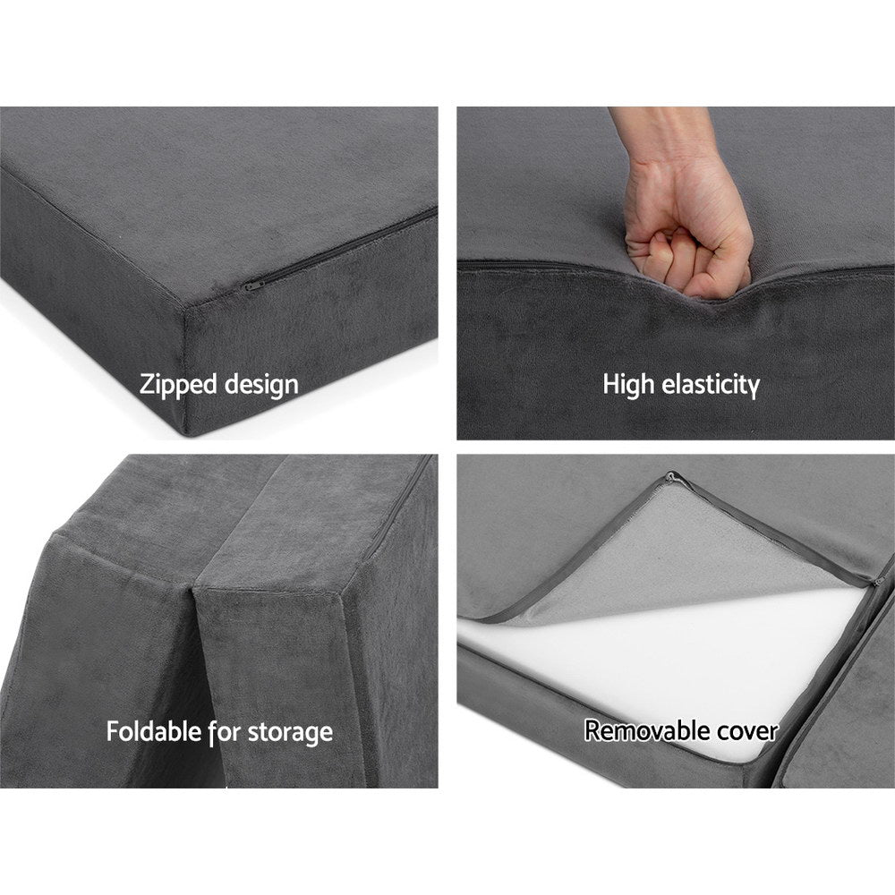 Double Size Folding Foam Mattress - Portable Guest Bed & Floor Mat - Velvet Dark Grey for Camping, Sleepovers & Small Spaces