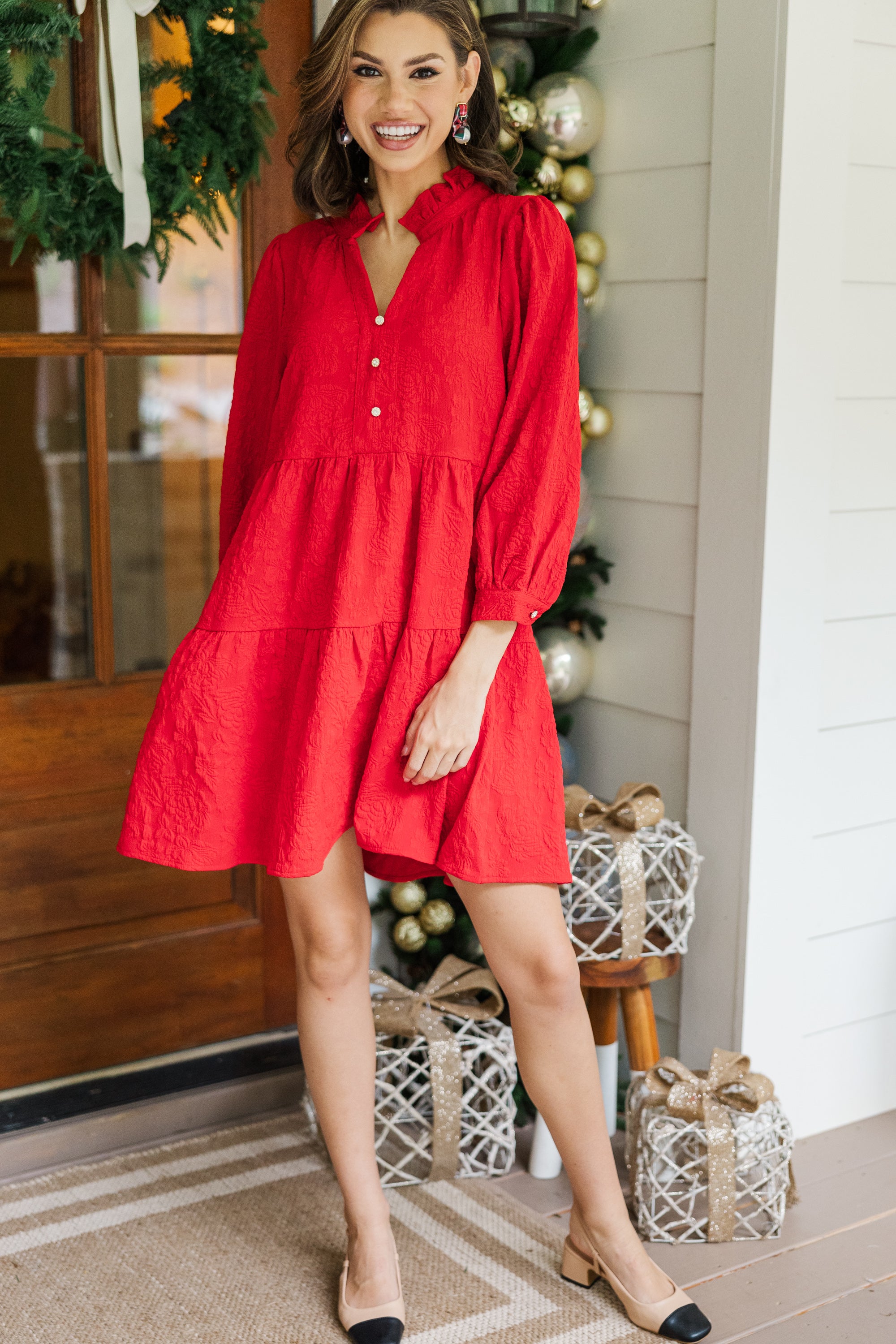 Elegant Red Floral Textured Dress for Women - Perfect for Parties, Weddings & Special Occasions