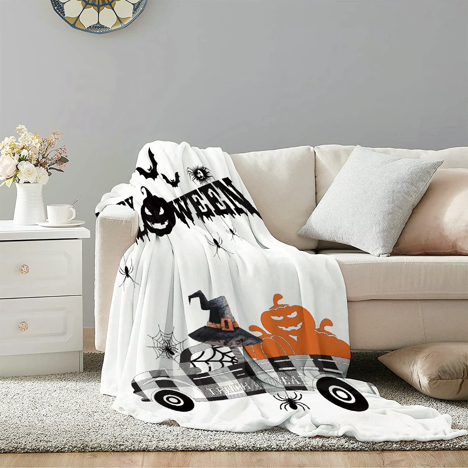 **Halloween Pumpkin Scarecrow Truck Throw Blanket - Soft Flannel Fleece Velvet Plush, Cozy Warm Fuzzy Blanket for Couch, Bed, Sofa - Anti-Pilling Family Size 90