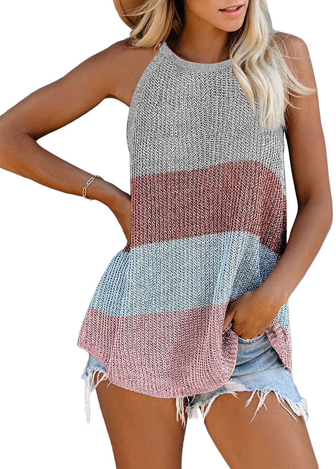 Uusollecy Women's Knit Tank Tops - Summer Sleeveless Camisole Blouse, Casual Loose Fit Strap Shirt for Beach, Travel & Everyday Wear