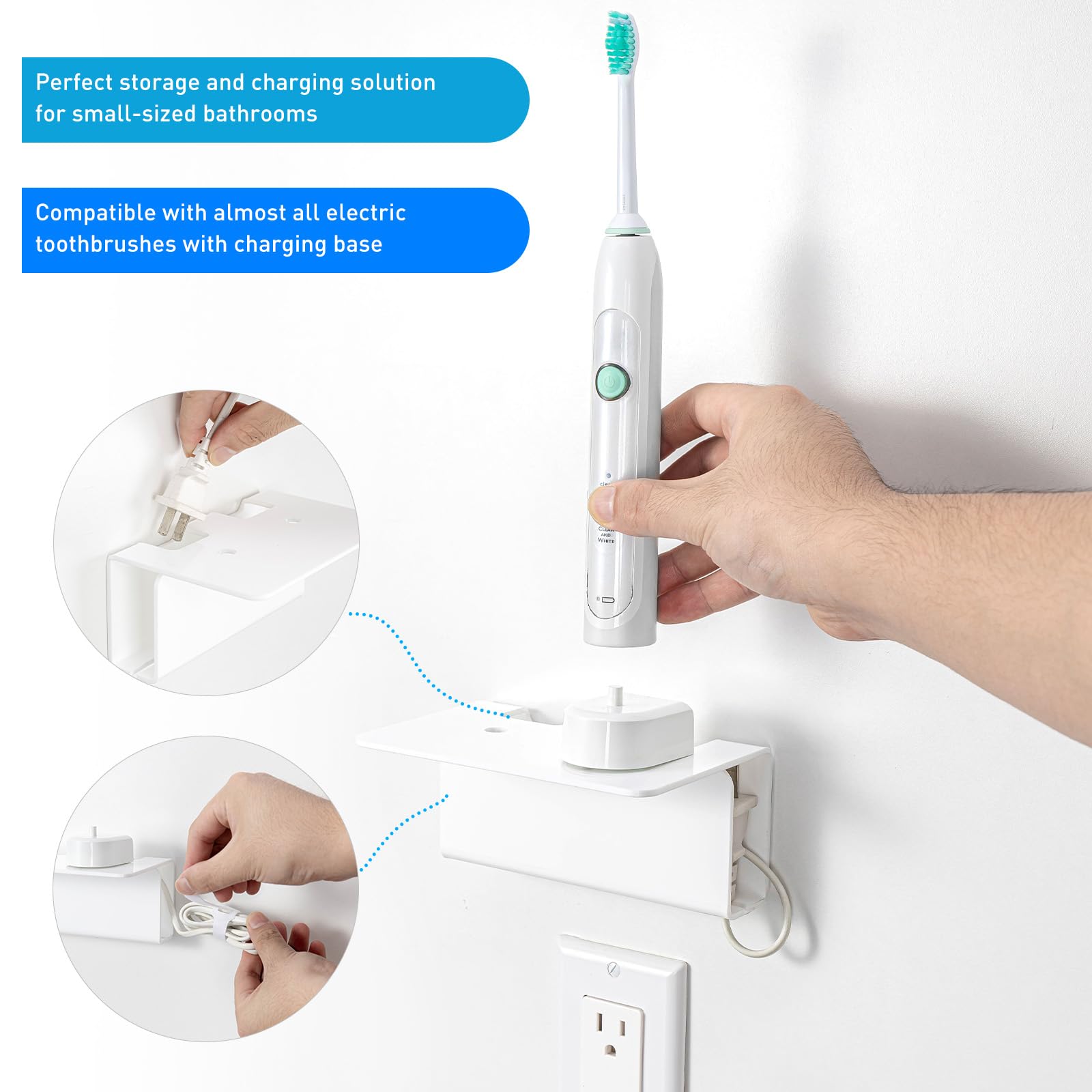 OAPRIRE Acrylic Wall Mount Electric Toothbrush Holder with Cable Organizer - Space Saving Bathroom Organizer for Oral Care Essentials - Perfect for Charging Toothbrushes in Small Bathrooms & Vanities (White)