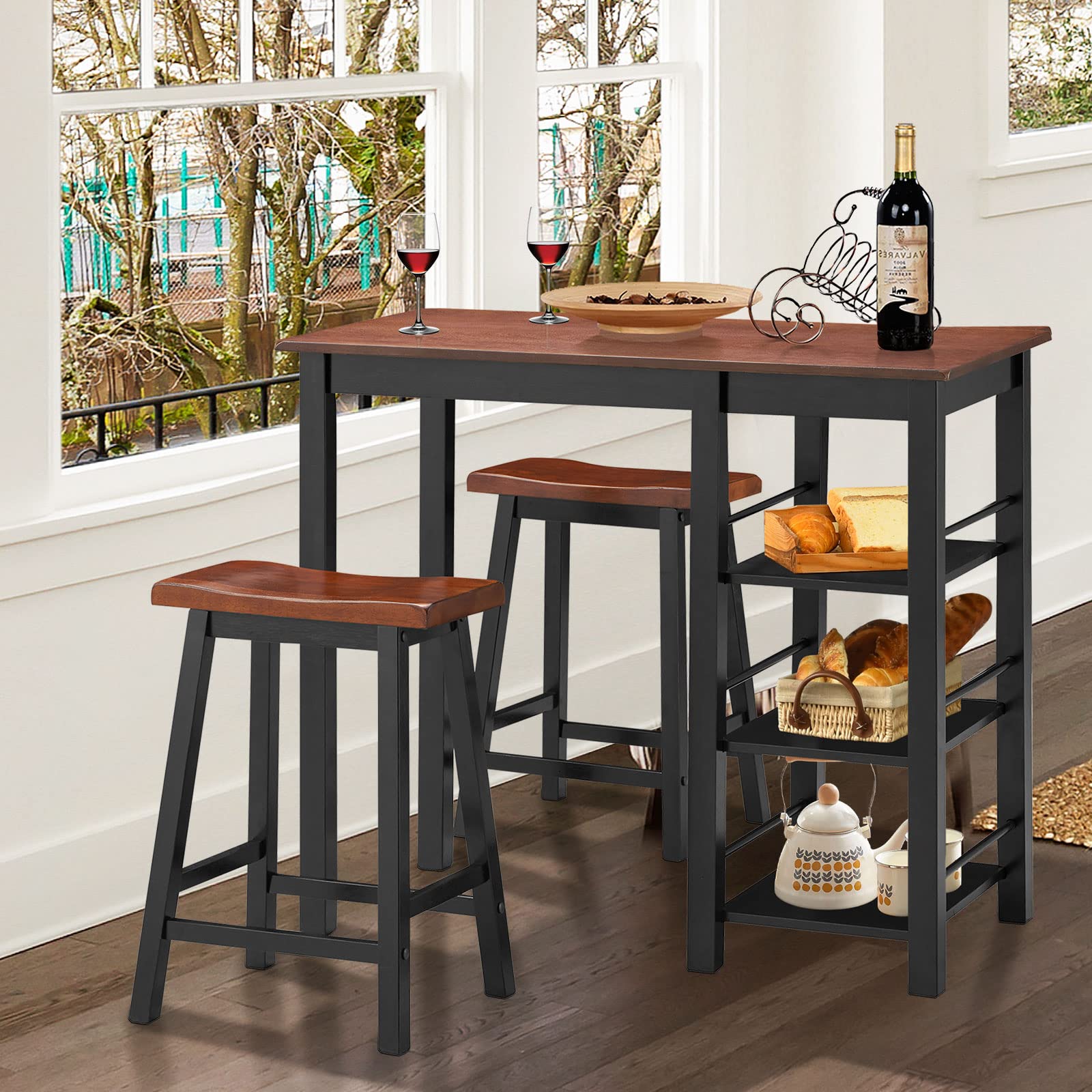 COSTWAY 3-Piece Counter Height Dining Table Set with 2 Stools & 3 Storage Shelves, Industrial Style Wood Pub Table for Kitchen, Bar, Bistro, Restaurant - Perfect for Small Spaces, Breakfast Nooks & Entertainment Areas