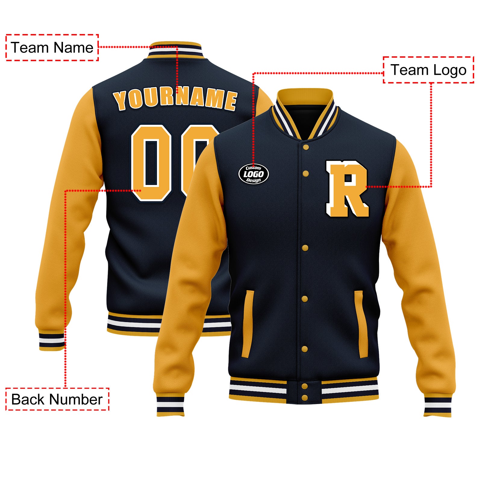 Custom Blue & Yellow Varsity Bomber Jacket - Personalized Letterman Jacket with Full Snap Closure (FZ005 D020255) - Perfect for High School Sports, Casual Wear & Vintage Fashion