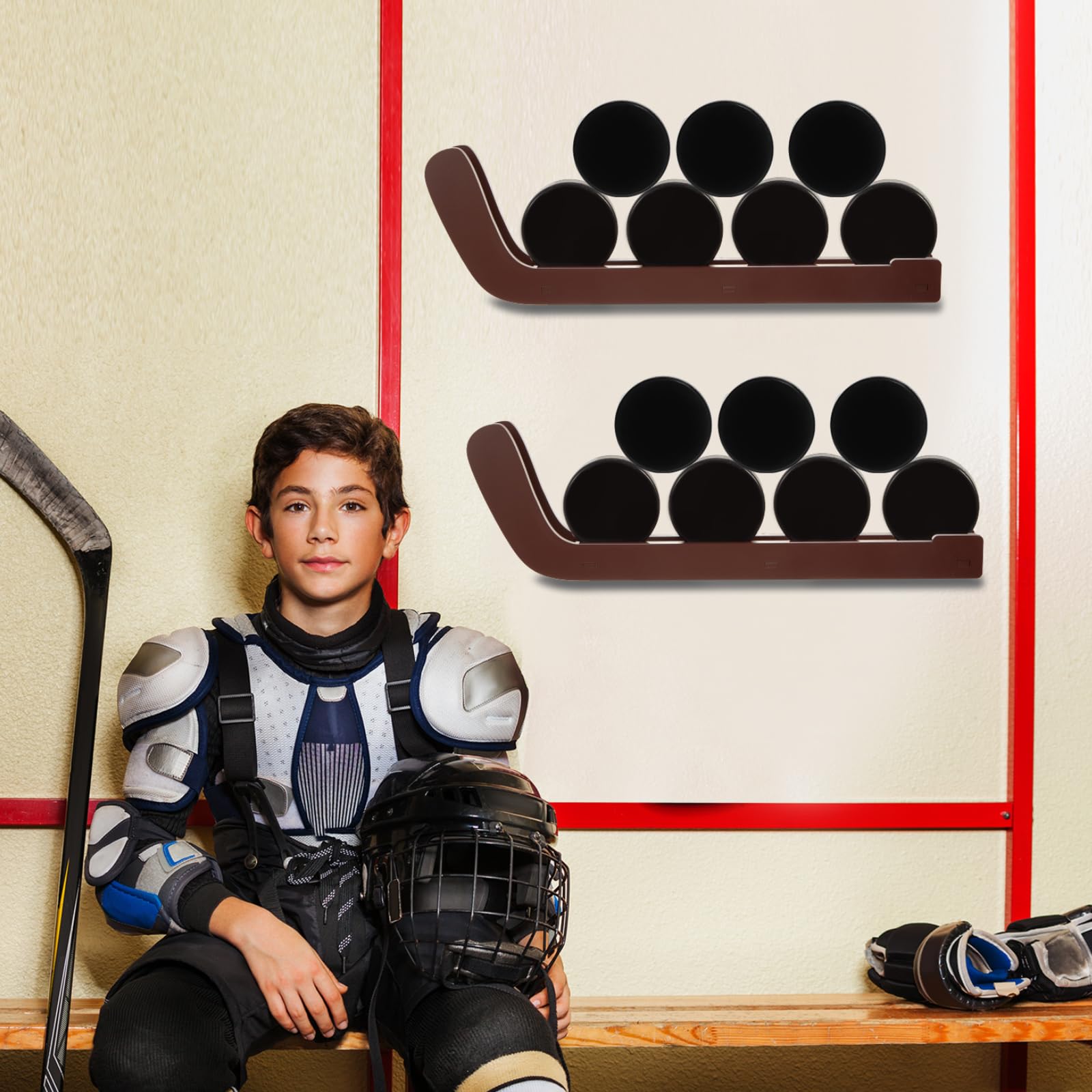 2 Pcs Wooden Hockey Puck Display Shelf - Wall Mount Hockey Puck Holder for Players & Team Gifts - Living Room, Man Cave & Sports Bar Decor - Perfect for Hockey Fan Collectibles & Memorabilia Storage