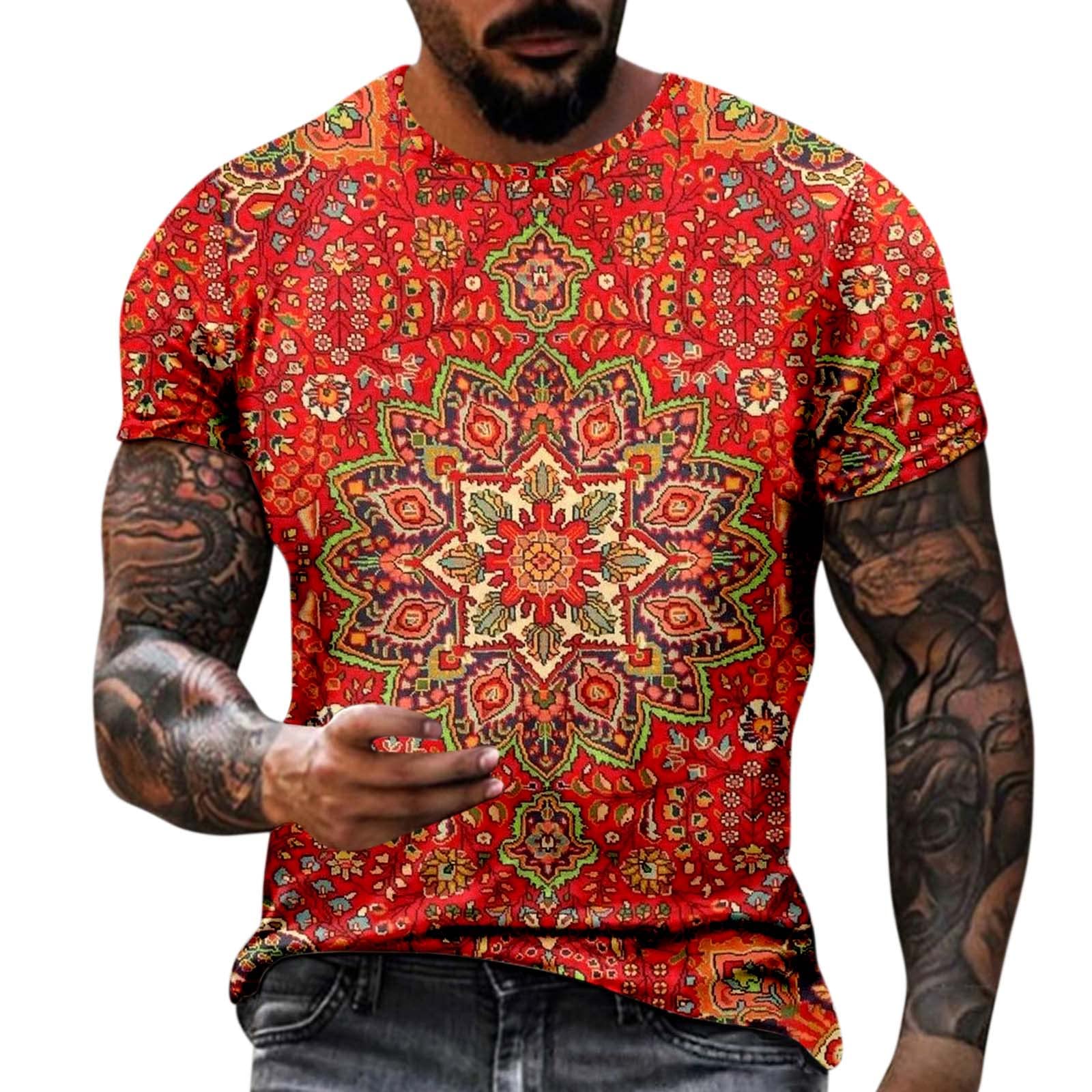 BEUU Men's 3D Ethnic Boho Print Short Sleeve T-Shirt - Summer Crewneck Casual Tee for Workout, Athletic & Muscle Training | Perfect for Gym, Streetwear & Boho Fashion