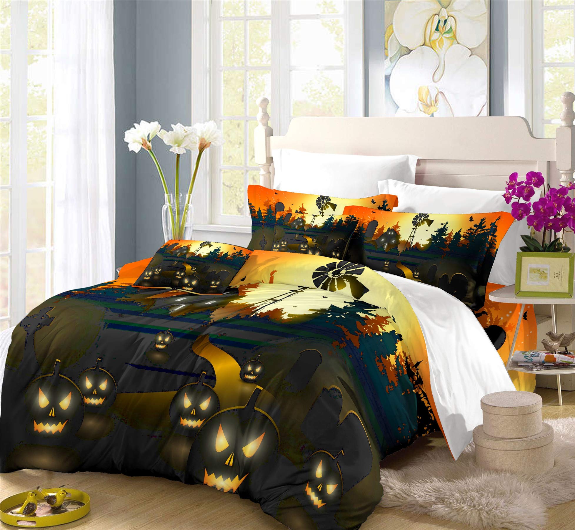 Moon Graveyard Duvet Cover Set - Halloween Bedding for Twin, Full, Queen & King Size Beds | 3-4 Piece Set with Duvet Cover & Pillow Shams (Queen Size, 4PCS) | Spooky Bedroom Decor for Halloween Parties & Themed Rooms