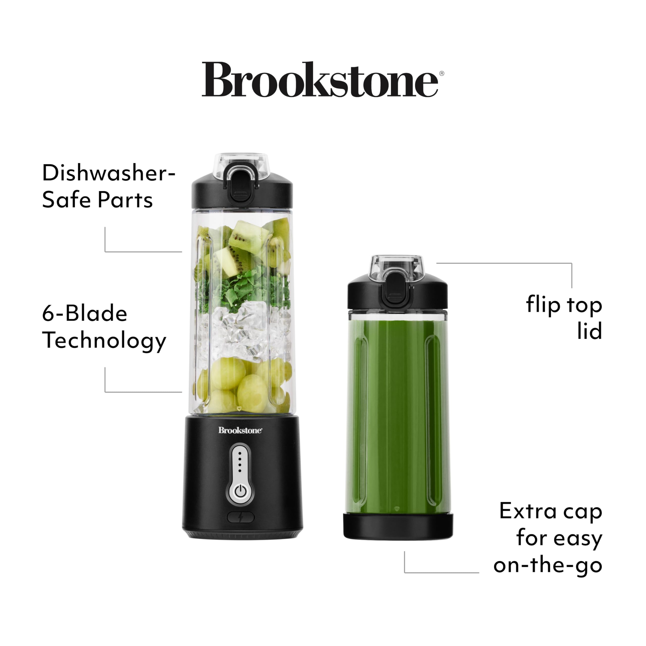 Brookstone 500mL Portable Blender - Compact Personal Blender for Smoothies, Shakes & Food Prep | BPA-Free, Travel-Friendly with Extra Lid | Perfect for Gym, Office & Outdoor Adventures (Black)