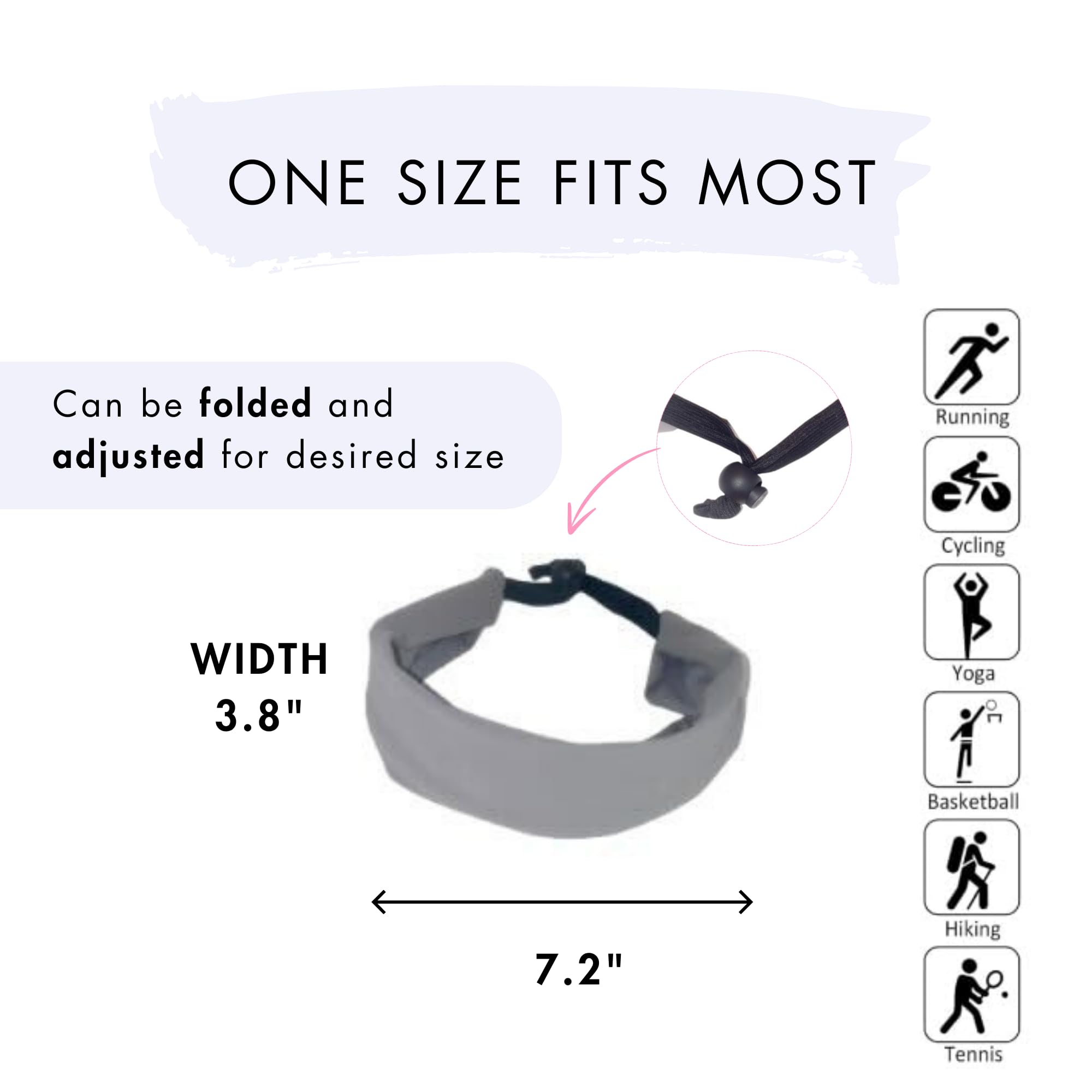 Non-Slip Sweat Headbands for Women - Breathable Moisture Wicking Workout Headbands for Gym, Running, Yoga & Exercise - Adjustable Wide Sports Headband (Gray) - Perfect for Fitness, Tennis & Outdoor Activities