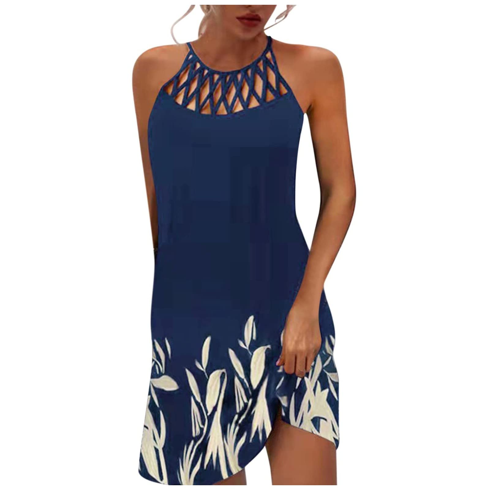 Sexy Hollow Out Summer Halter Dress for Women - Sleeveless Loose Fit Prom Party Mini Tunic Dress with Printing | Perfect for Beach Vacations, Night Parties & Casual Outings