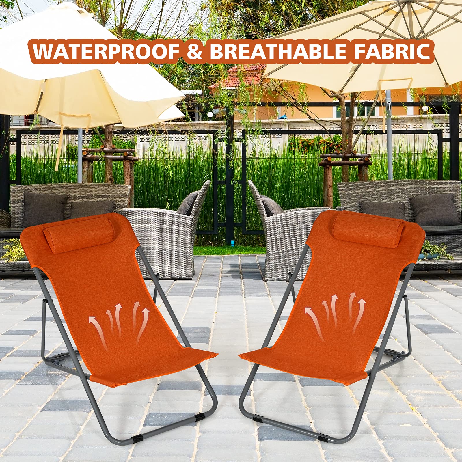 Goplus 2-Pack Beach Sling Chairs for Adults - Portable Folding Camping Chairs with 3-Position Adjustable Backrest & Comfortable Headrest - Heavy Duty Outdoor Lounge Chairs for Beach, Poolside, Backyard, and Camping (Orange)