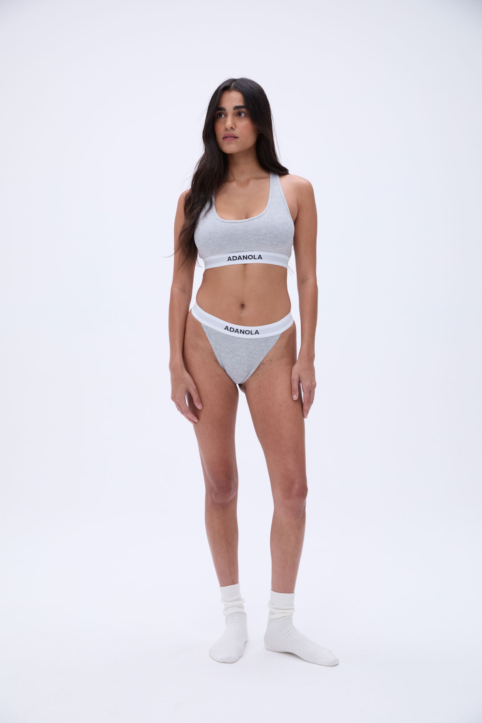 Branded Ribbed Racer Bra - Grey Melange Sports Bra for Women | High Support Workout Top for Running, Yoga & Gym