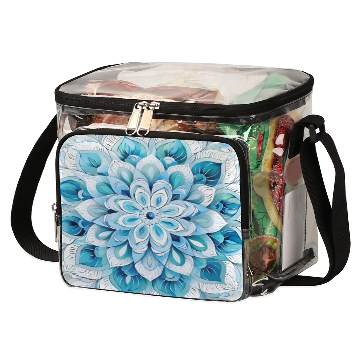GzLeyigou Clear Transparent Tote Bag with Abstract Blue Floral Design - Crossbody Shoulder Bag for Women, Lunch Bag for Outdoor, Travel, Picnic, Concerts & Sports Events (Stadium Approved) - Perfect for Beach, Shopping, Work & Daily Use