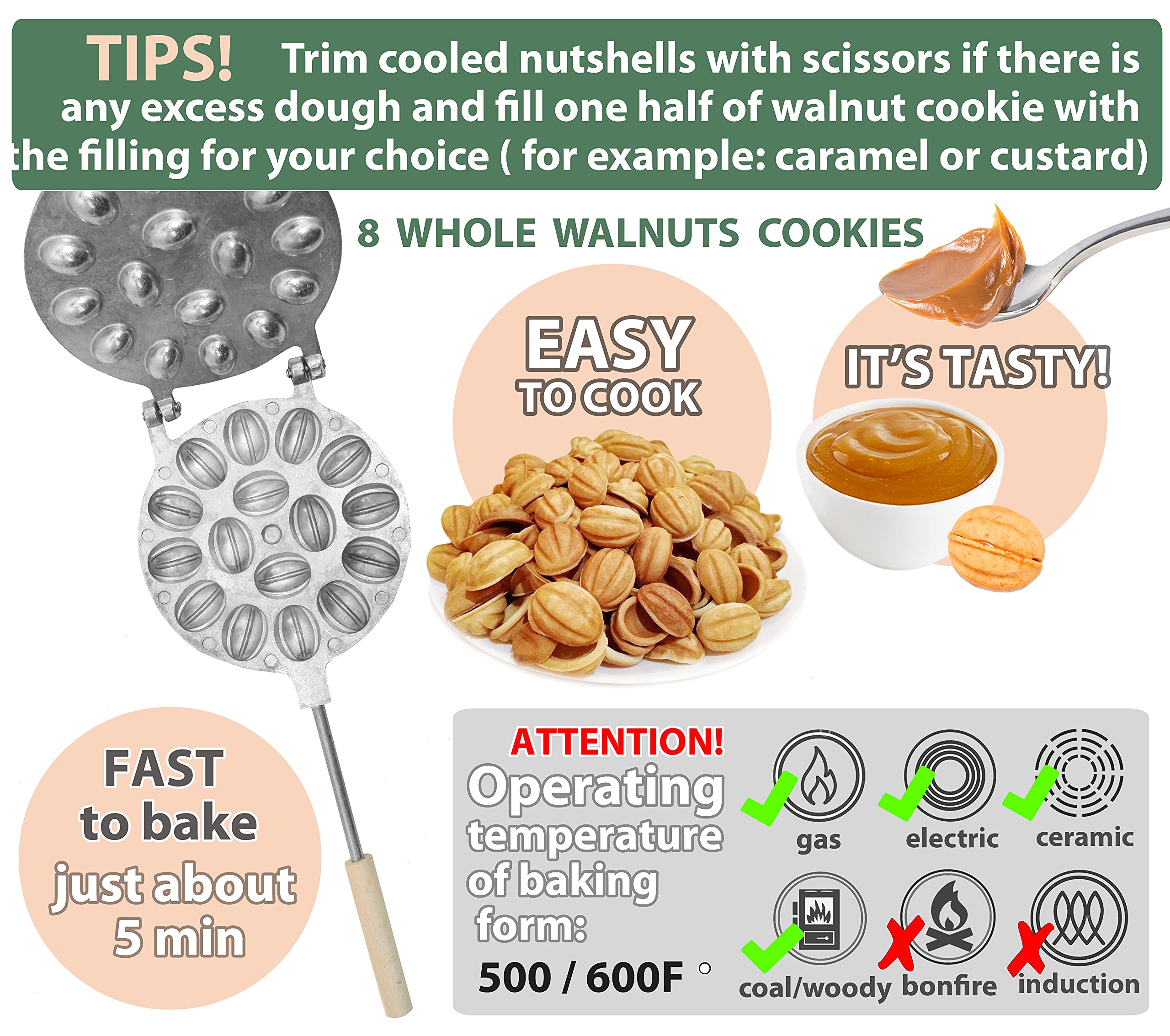 Premium Walnut Cookie (Oreshek) Maker - 16 Nut Capacity Mold for Russian Tea Cakes & Traditional Desserts - Perfect for Holiday Baking, Gift Giving & Family Gatherings