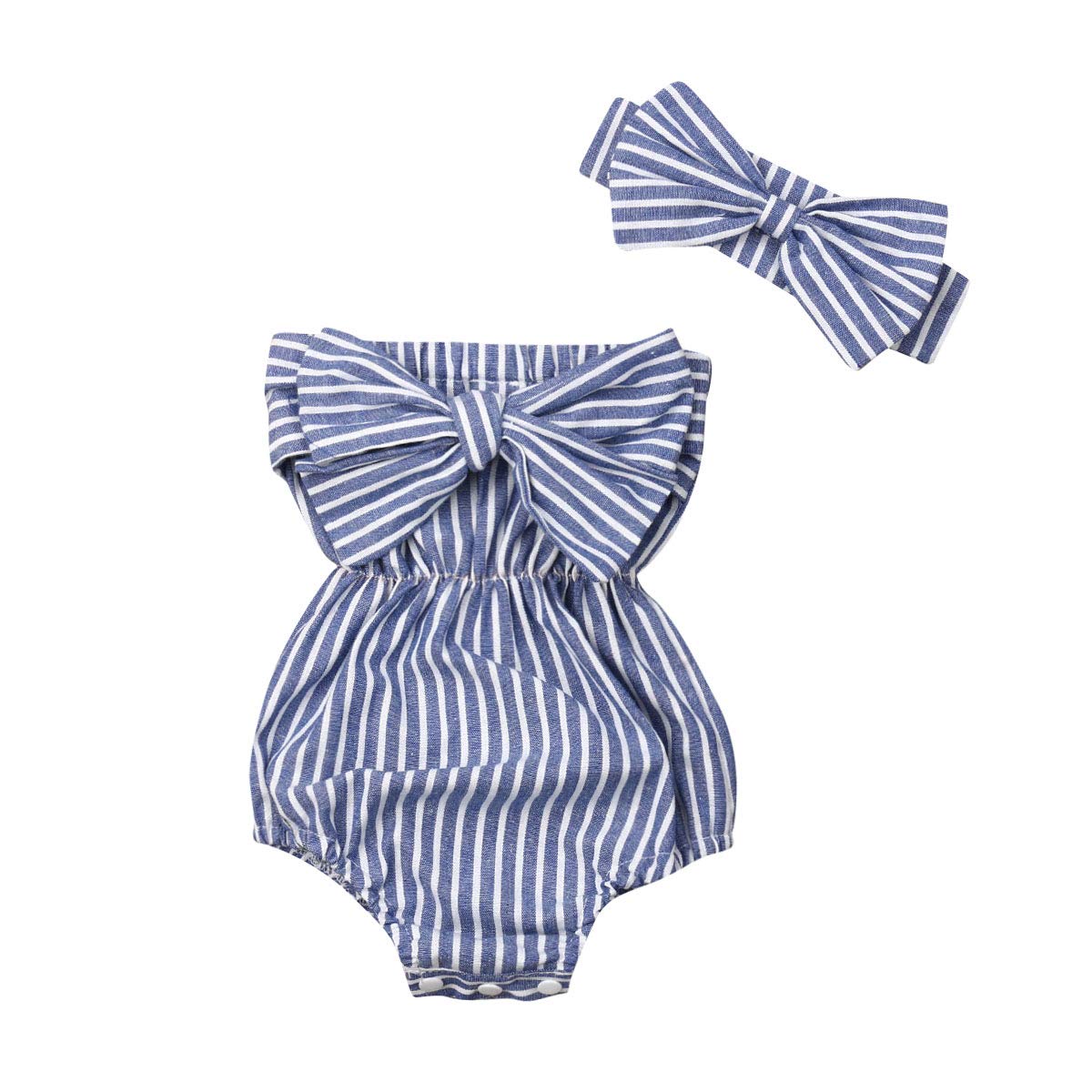 Adorable Newborn Baby Girl Romper Set - Striped Off-Shoulder Jumpsuit with Bowknot & Headband | Perfect for Photo Shoots, Birthday Parties & Everyday Outfits