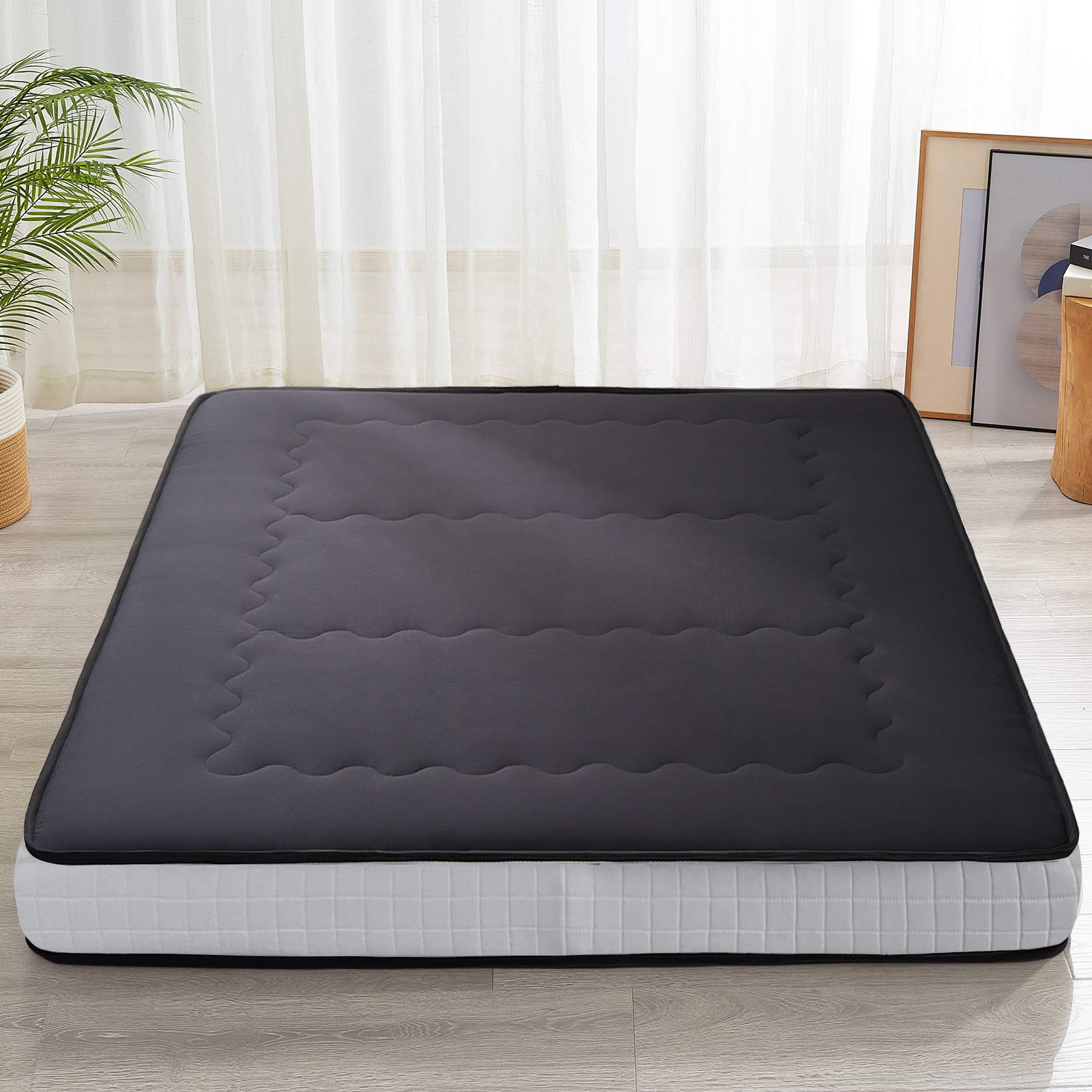 MAXYOYO 6-Inch Extra Thick Floor Futon Mattress - Wave Quilted Design, Black - Perfect for Guest Beds, Dorm Rooms & Small Apartments