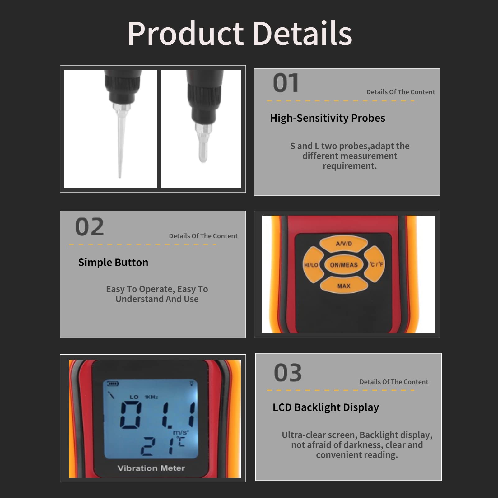 GM63B Digital Vibration Meter - Portable Handheld Vibration Tester with LCD Display & S/L Probes - for Mechanical Watches, Motors, Fans, Bearings - Workshop, Industrial Maintenance, Equipment Diagnosis Tool