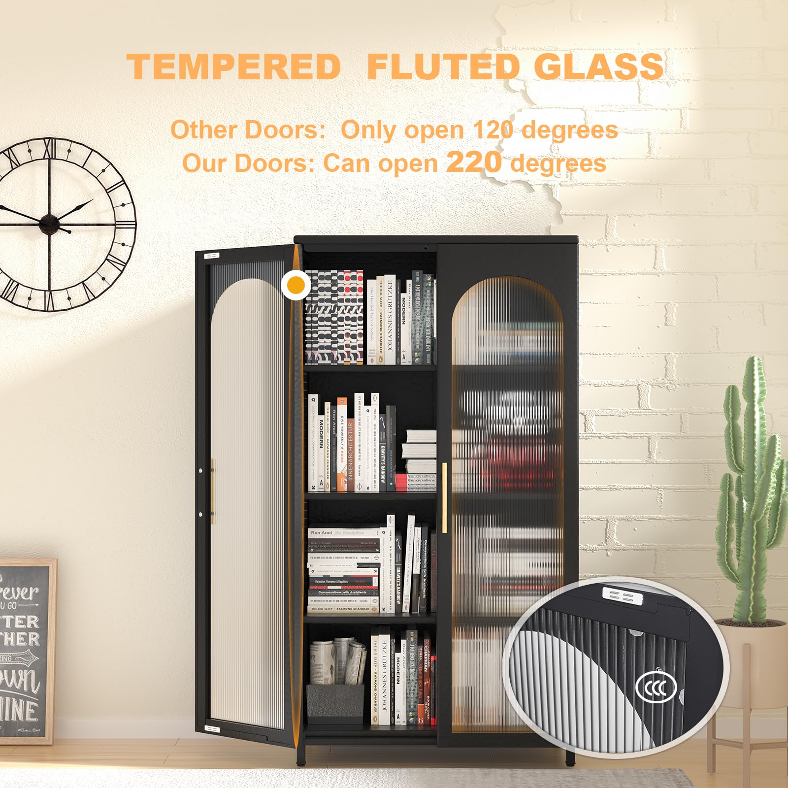 Glass Door Storage Cabinet - Modern Sideboard Buffet for Living Room, Dining Room & Kitchen - Black Bookcase with Tall Doors - Perfect for Home Organization & Displaying Decor