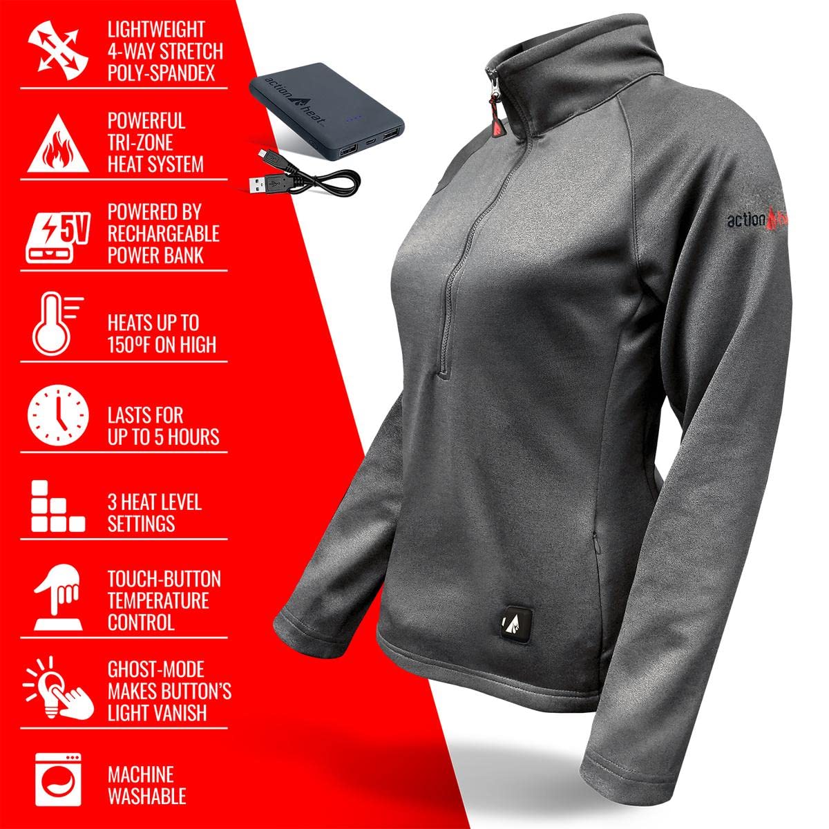 ActionHeat 5V Battery Heated 1/2 Zip Pullover Shirt for Women - 3-Zone Heating System with Touch-Button Technology, Grey XL - Perfect for Winter Sports, Outdoor Activities & Cold Weather Commuting