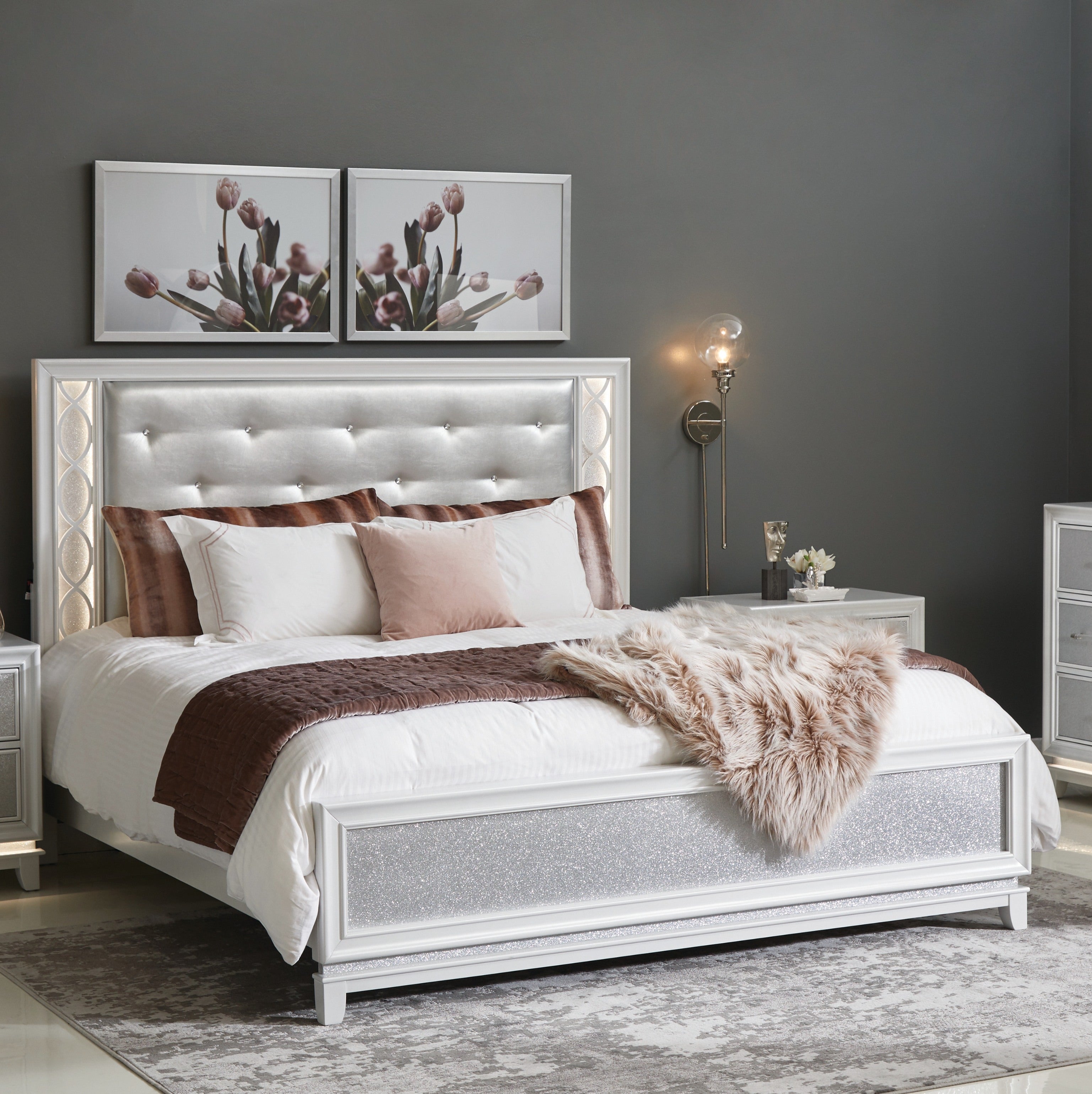 Galaxy Upholstered Tufted Panel Bed with LED Lights - Queen Size Pearl White Luxury Bed Frame for Modern Bedroom, Perfect for Master Suite & Guest Room Decor