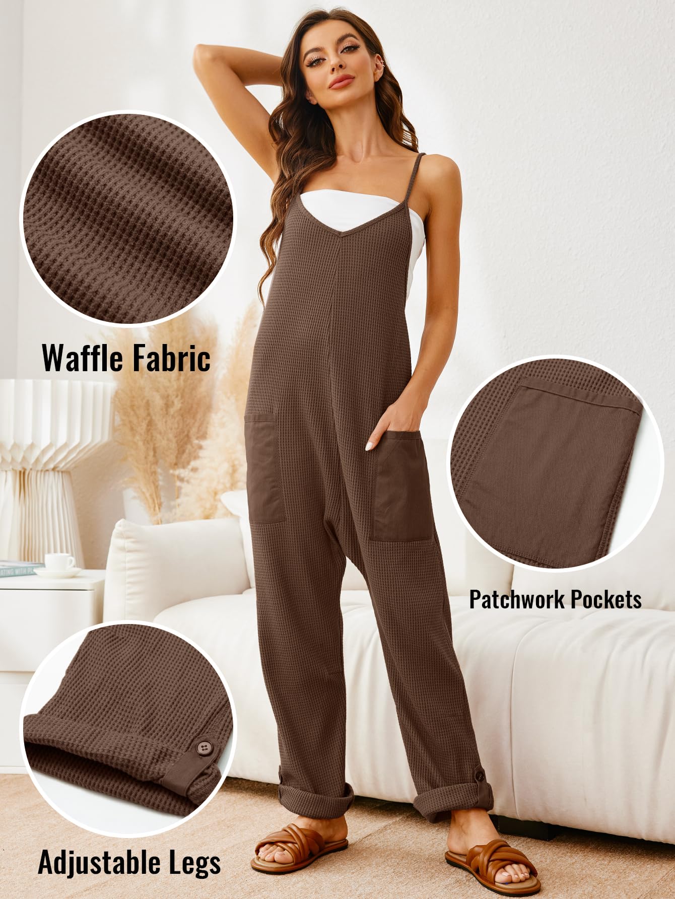 Glamaker Women's Casual Waffle Knit Jumpsuit - Loose Fit Spaghetti Strap Overalls, Baggy Sleeveless Maternity Romper for Summer Outfits, Beach Wear & Pregnancy Comfort