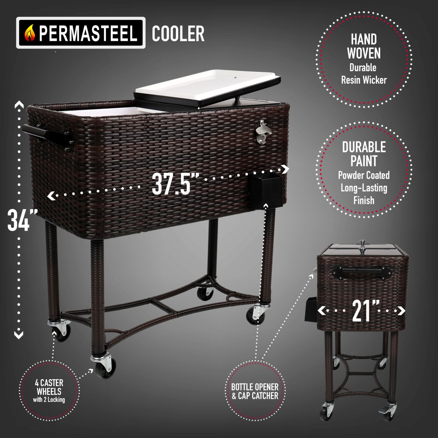 80QT Rolling Wicker Patio Cooler with Wheels - Large Insulated Outdoor Picnic Cooler for Beach, Camping, BBQ, and Tailgating Parties