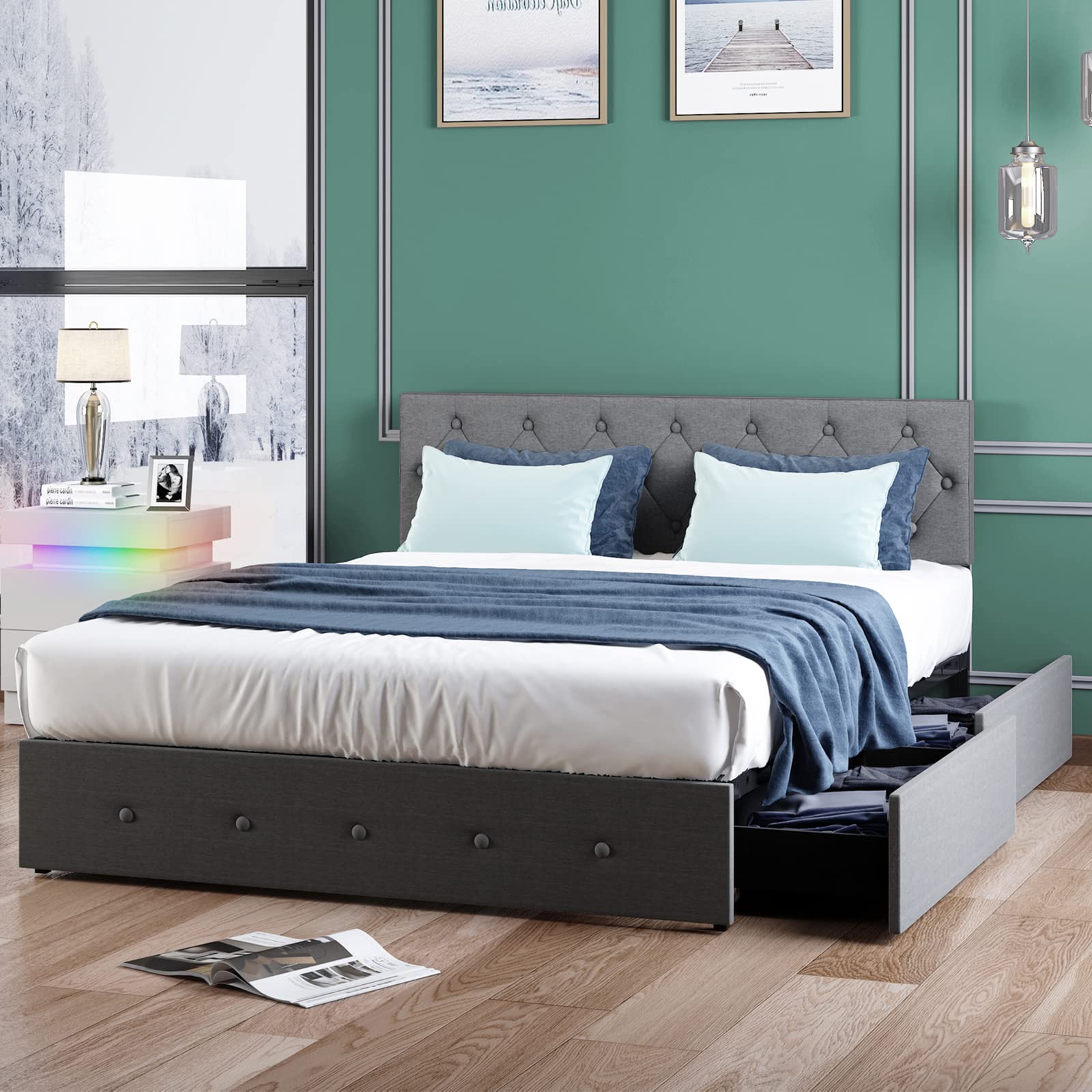 **Mjkone Full Size Platform Bed Frame with 4 Storage Drawers - Adjustable Headboard, Button Tufted Design, Wood Slat Support, No Box Spring Needed - Easy Assembly (Dark Grey) for Bedroom, Guest Room, or Dorm**