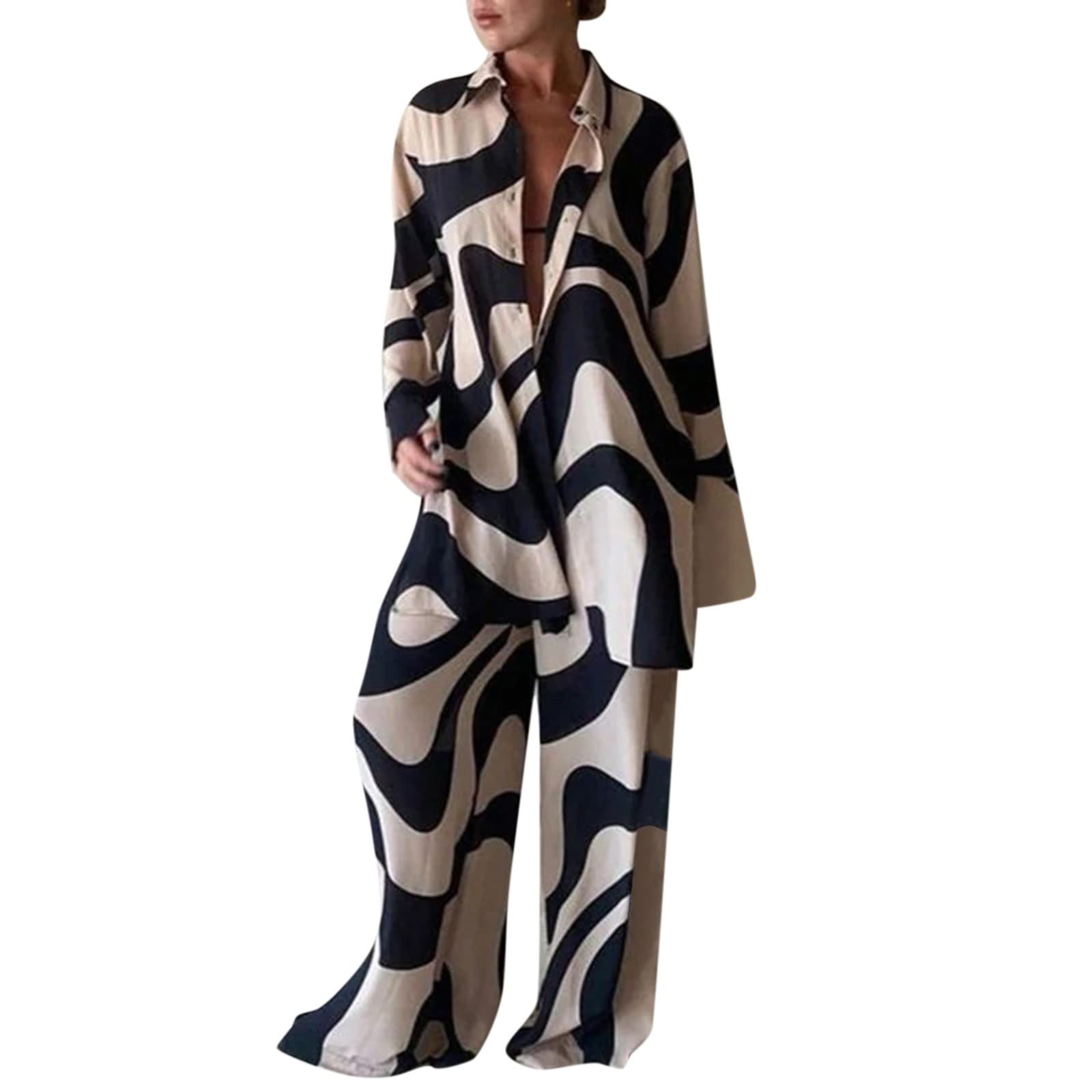 Women's 2-Piece Wide Leg Pants Set - Casual Long Sleeve Button Down Shirt & Dress Pants Outfit - Fashion Streetwear & Work Office Wear (Black, XXL) | Perfect for Business Casual, Date Night & Everyday Outfits
