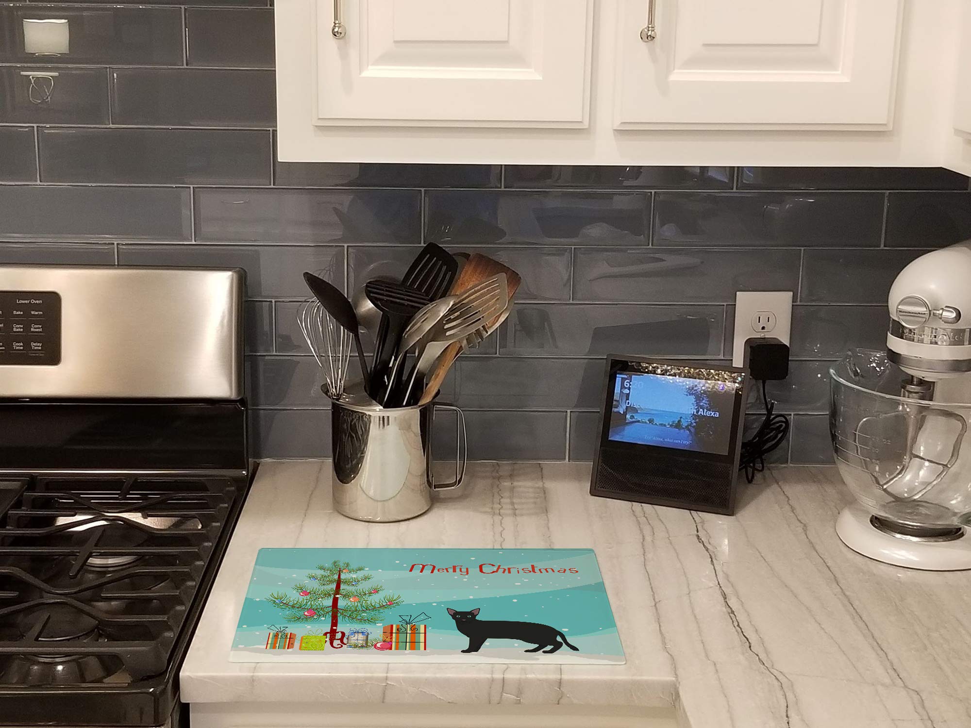 Russian White Black Cat Merry Christmas Glass Cutting Board - Large Decorative Tempered Glass Kitchen Cutting & Serving Board - Holiday Gift for Cat Lovers - Perfect for Christmas Decor & Entertaining