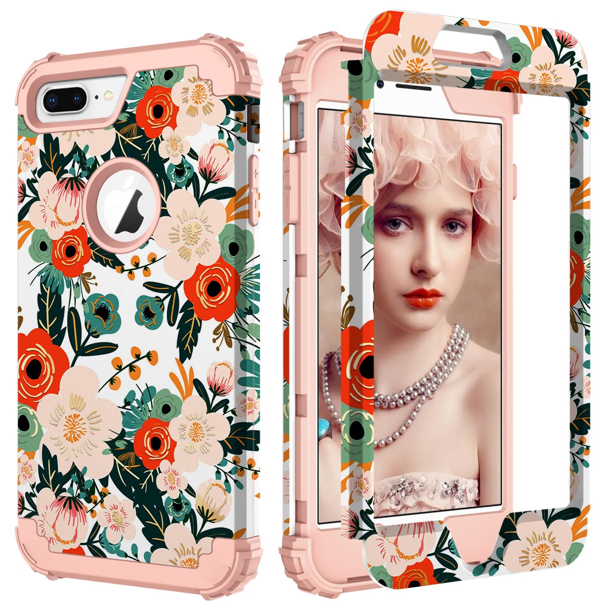 Premium Shockproof iPhone 8 Plus/7 Plus Case - PIXIU 3-Layer Heavy Duty Hybrid Armor Protective Cover with White Flower Design | Perfect for Outdoor Activities, Work & Daily Protection