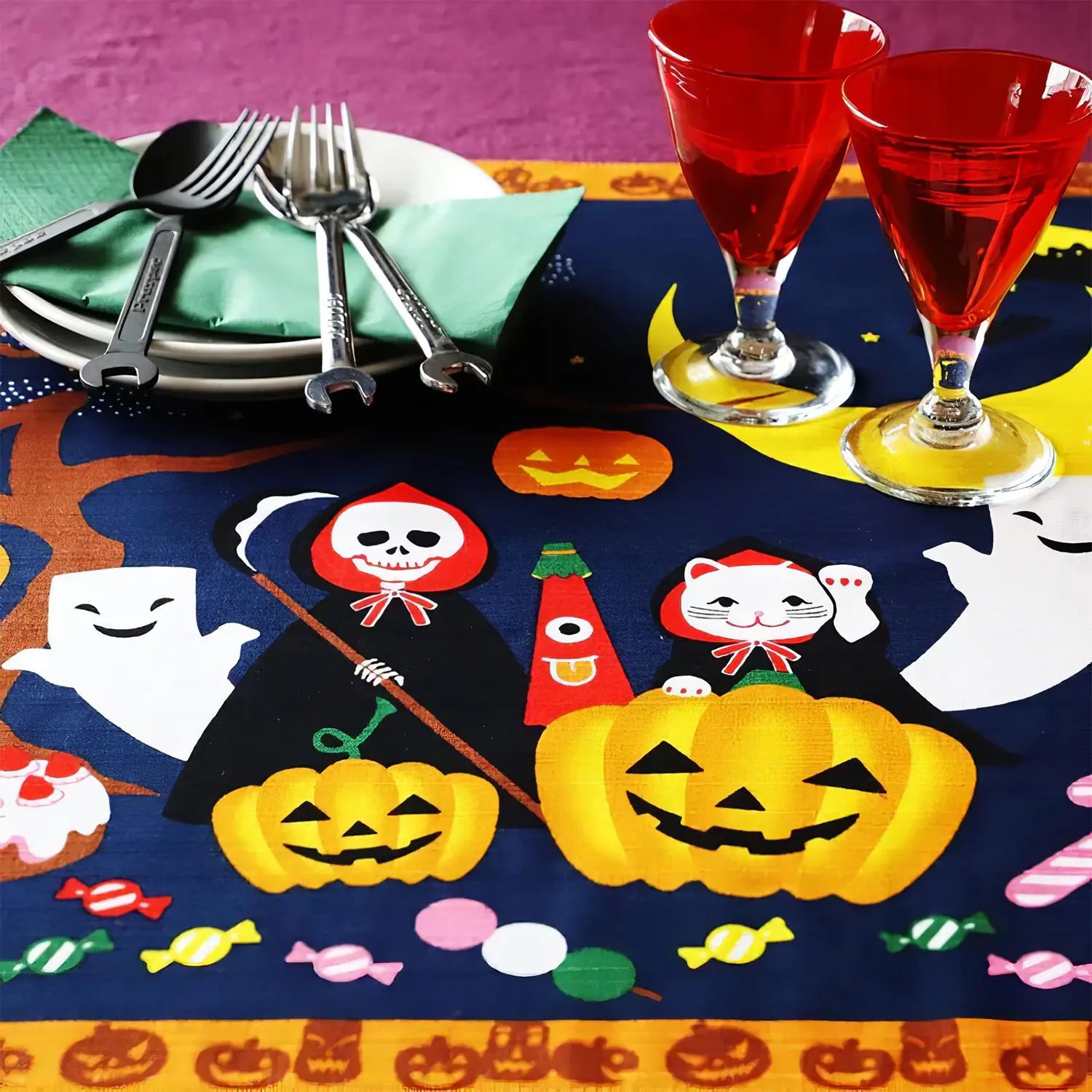 Maeda Senko Japanese Cotton Furoshiki Bento Lunch Wrapping Cloth - Halloween Themed Eco-Friendly Gift Wrap & Picnic Accessory for Bento Boxes, Books, and DIY Crafts