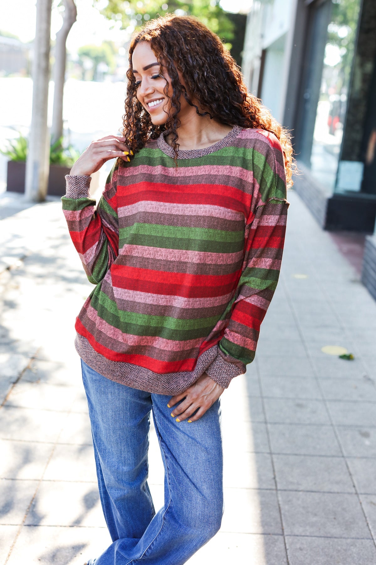 Stylish Olive & Mauve Striped Two-Tone Banded Sweater Top for Women | Casual Fall Fashion | Perfect for Office Wear & Weekend Outfits