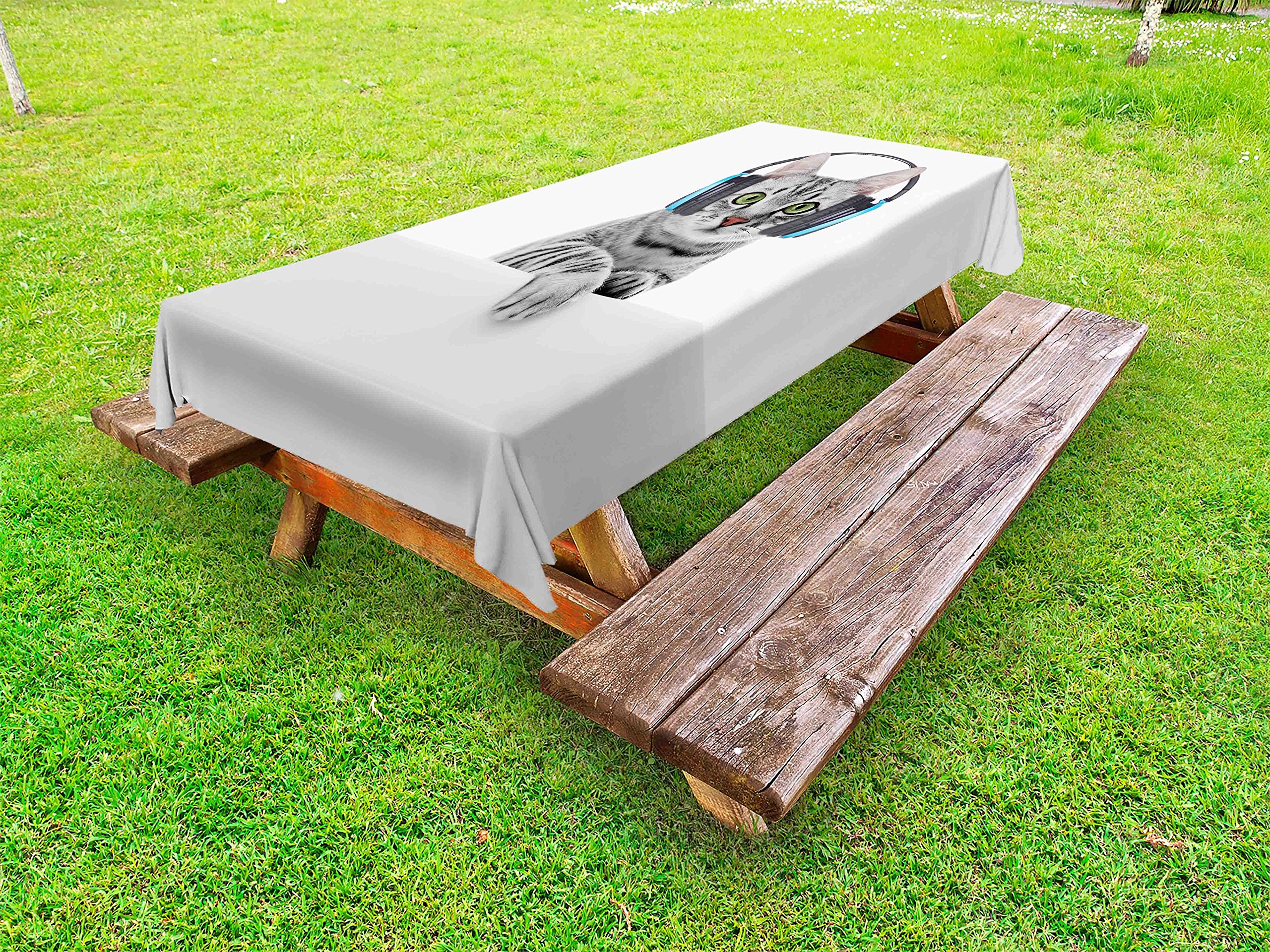 Ambesonne Music Themed Outdoor Tablecloth - Funny Cat with Headphones Animal Art Print, Washable Picnic Table Cover 58x104 Inches Grey White - Perfect for Garden Parties, BBQs, and Outdoor Dining Decor