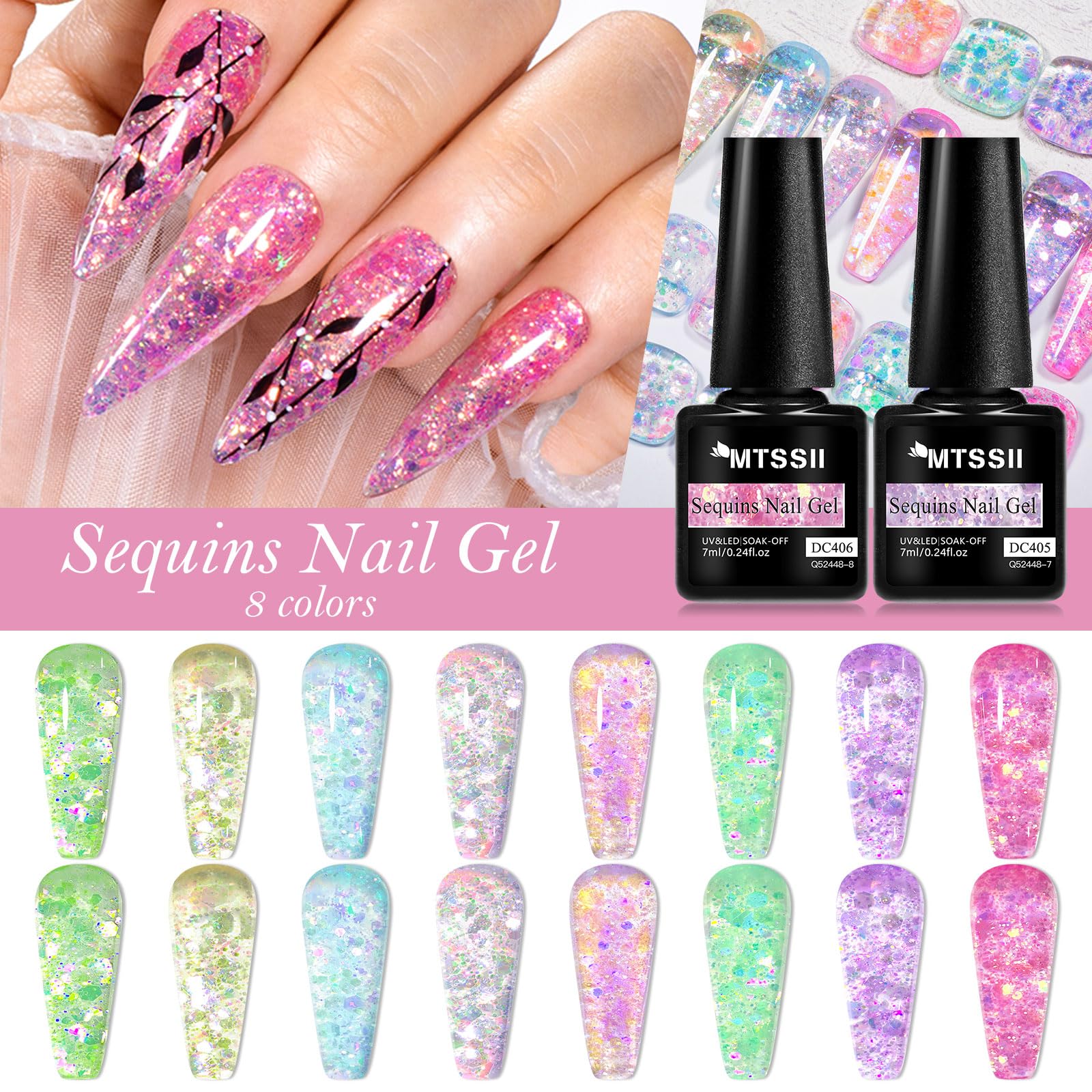 MTSSII 8Pcs Jelly Glitter Gel Nail Polish Set - Pink Blue Green Purple for DIY Nail Art at Home