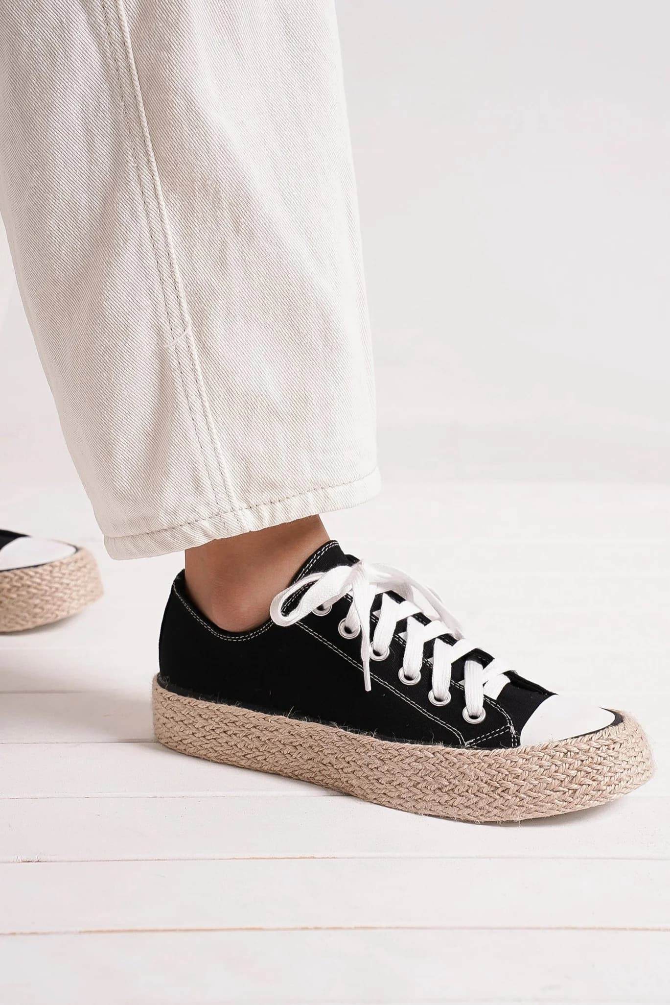 Beast Fashion Black Lace-Up Woven Espadrille Sole Sneakers - Comfortable Casual Shoes for Women, Perfect for Summer Outfits & Beach Walks