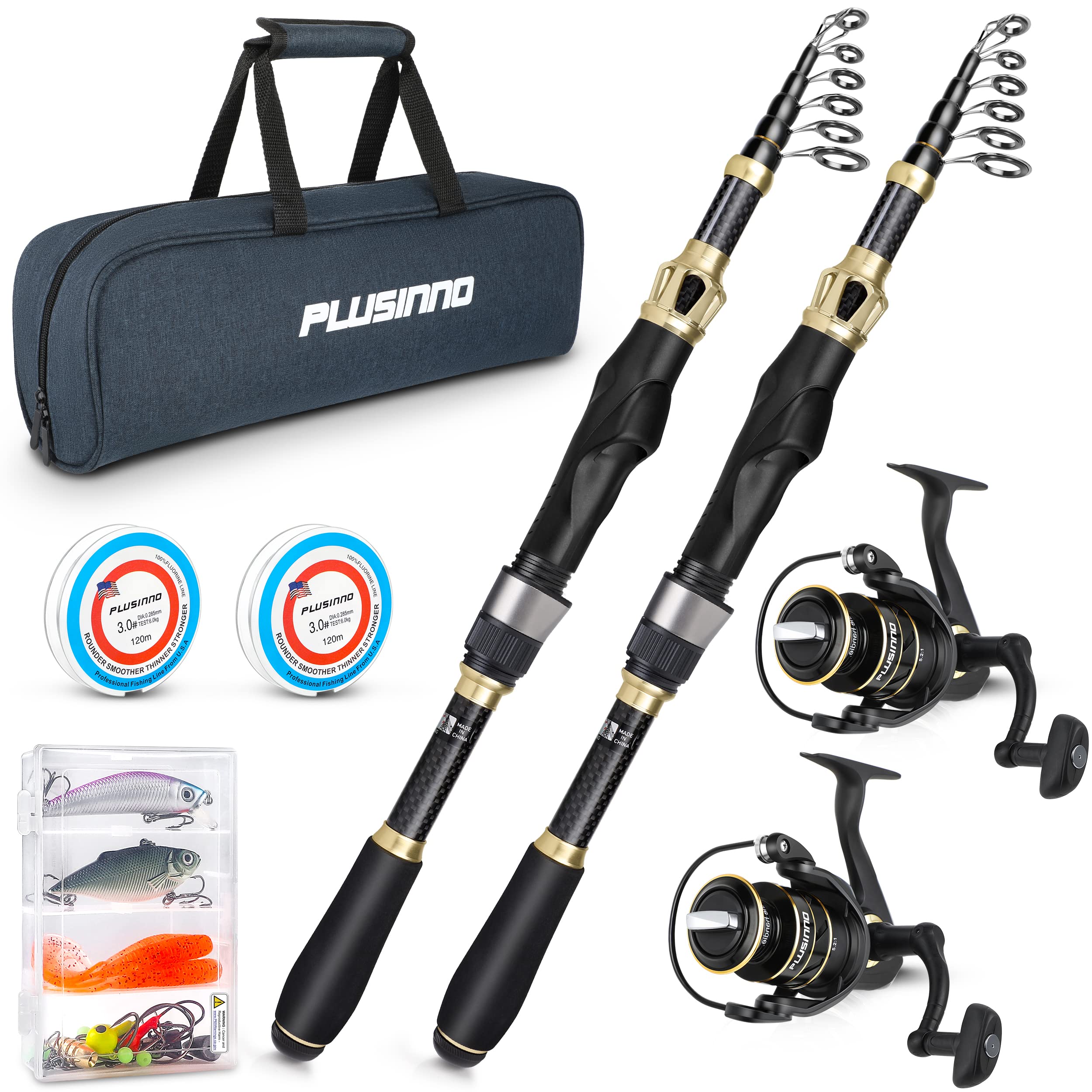 PLUSINNO Telescopic Fishing Rod and Reel Combo Kit with Spinning Reel & Carrier Bag - Lightweight Carbon Fiber Fishing Pole for Freshwater & Saltwater Fishing - Perfect Gift for Men & Women Anglers (Great for Shore, Boat, and Travel Fishing Adventures)