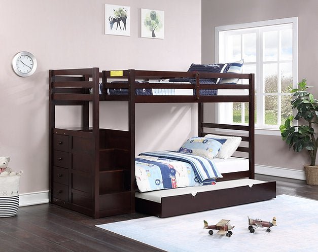 Espresso Staircase Bunk Bed with 2 Storage Drawers & Trundle Option - Space-Saving Kids Bedroom Furniture for Small Rooms & Sleepovers