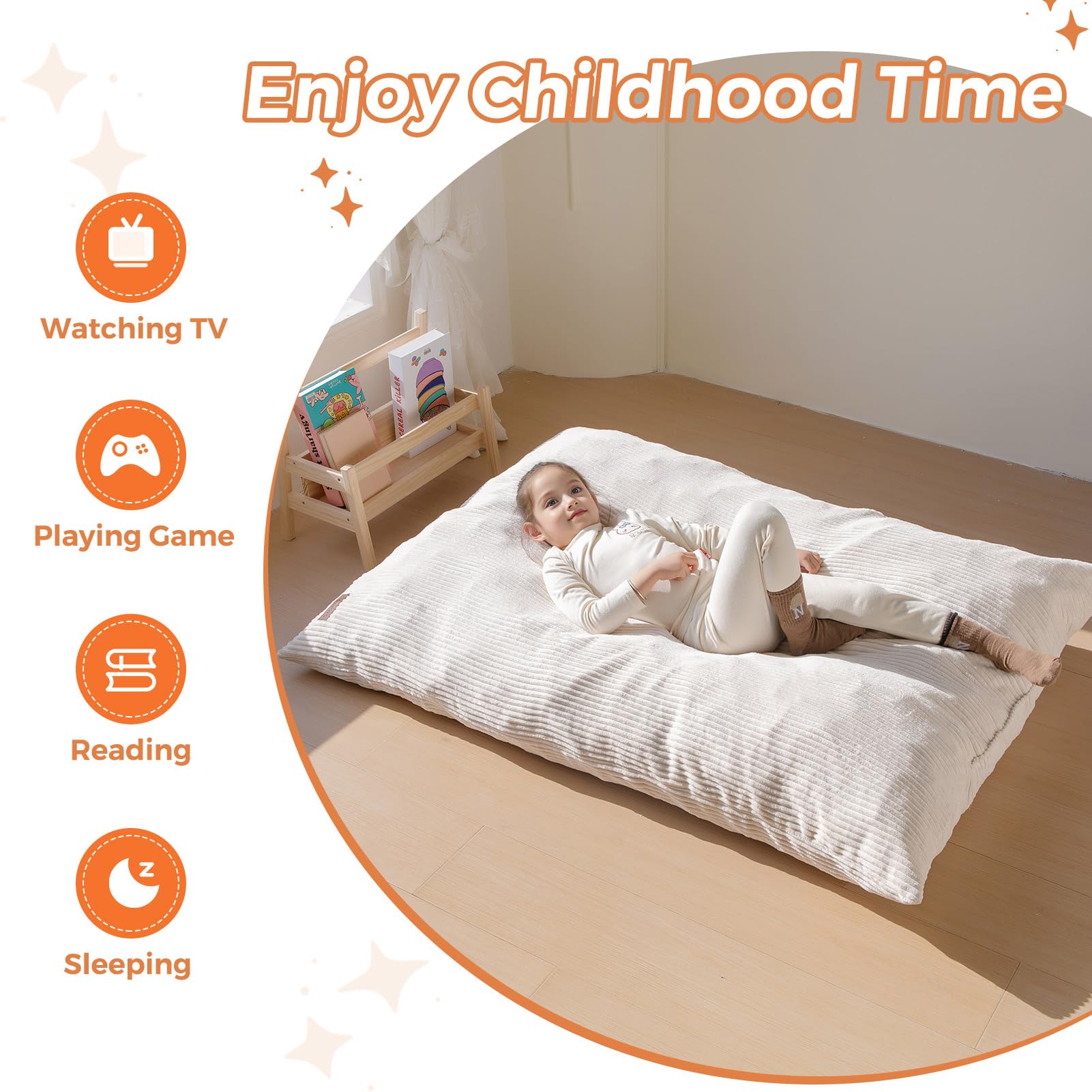 MAXYOYO 3-in-1 Convertible Kids Bean Bag Chair & Bed - Multi-Functional Floor Sofa for Children's Room, Gaming, Reading & Nap Time - Soft Beige Fabric for Comfort & Style