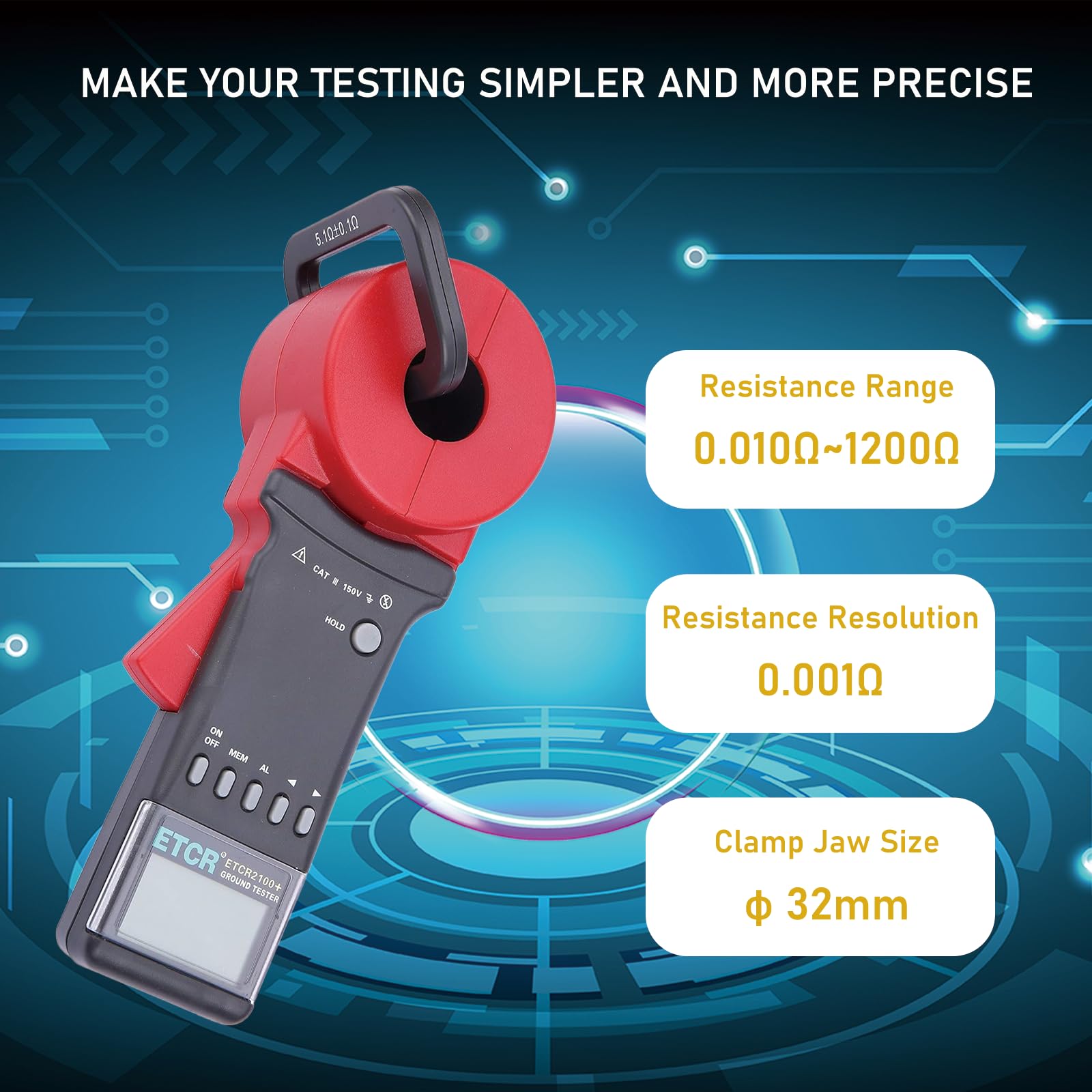 ETCR2100+ Digital Clamp Ground Earth Resistance Meter Tester 0.01-1200Ω - Professional Electrical Testing Tool for Industrial, Commercial & Home Use
