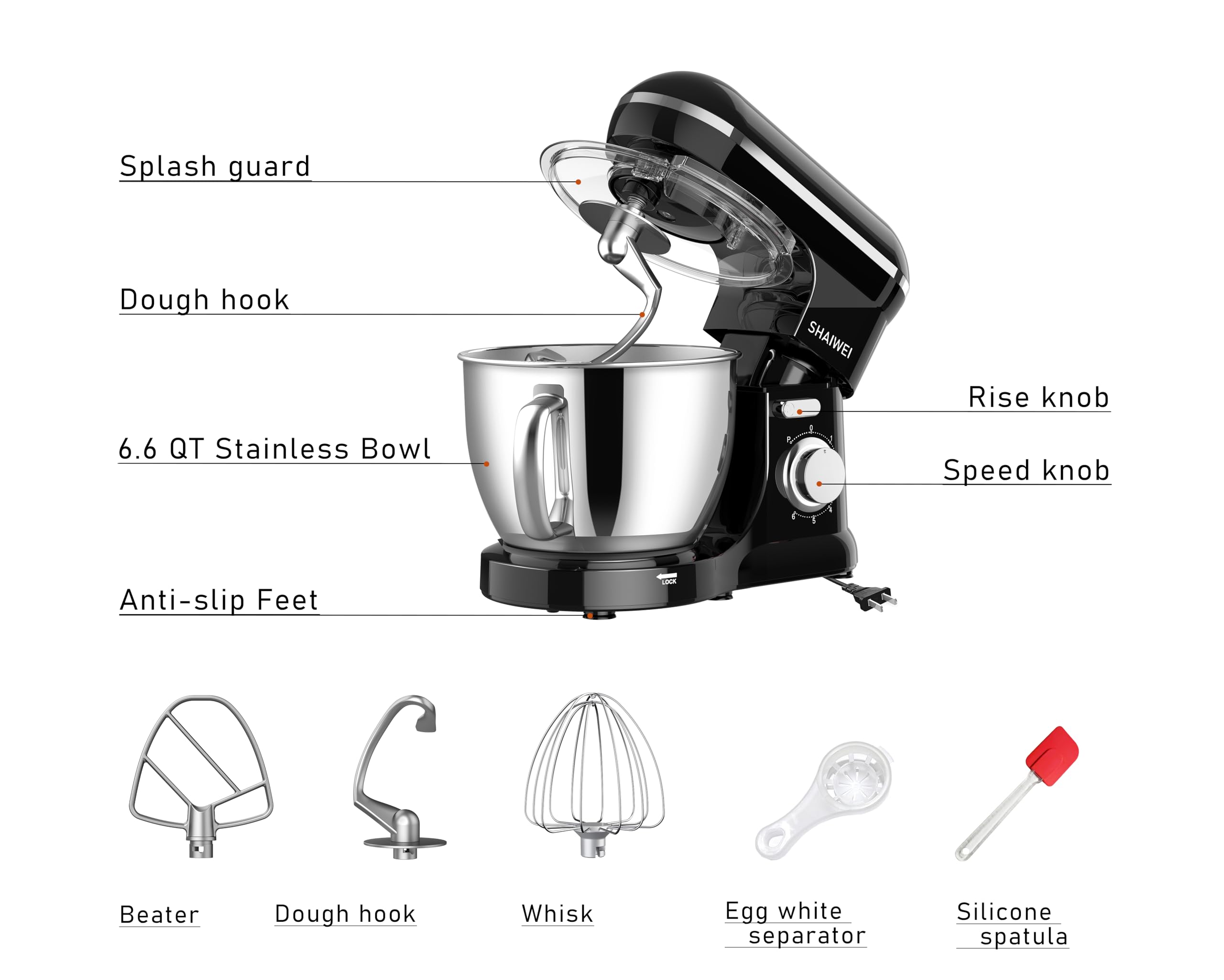 6.5 Quart Kitchen Stand Mixer - 6 Speed Tilt-Head Electric Food Mixer with Dough Hook, Wire Whip & Beater (Black) - Perfect for Baking Cakes, Cookies, Bread & More