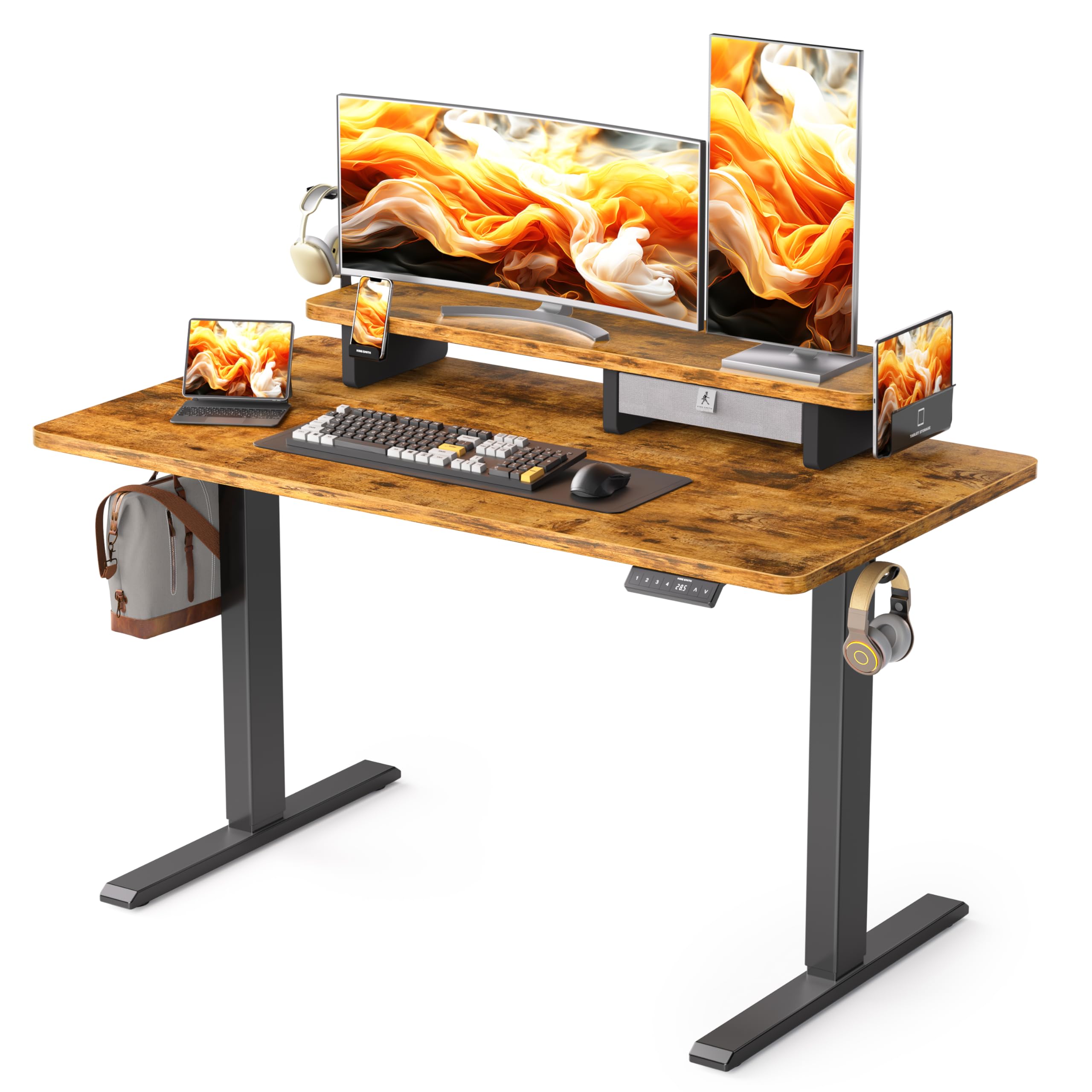 48x24 Inches Electric Standing Desk with Drawer & Monitor Stand - Height Adjustable Ergonomic Sit to Stand Desk for Home Office - Rustic Brown Workstation with Phone Holder & 3 Hooks - Perfect for Remote Work, Gaming Setup & Small Spaces
