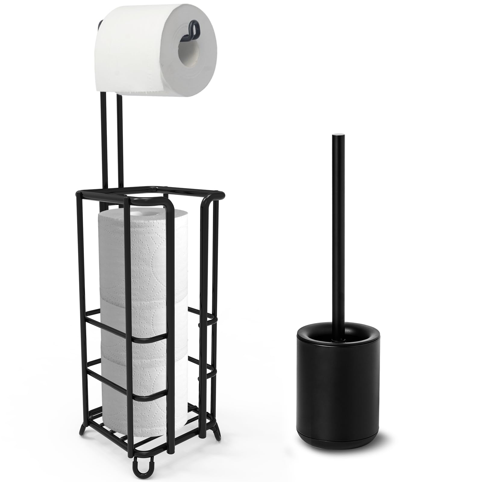 Free Standing Toilet Paper Holder Stand with Toilet Brush Set - Black Bathroom Tissue Roll Dispenser for Home, Office & RV Use