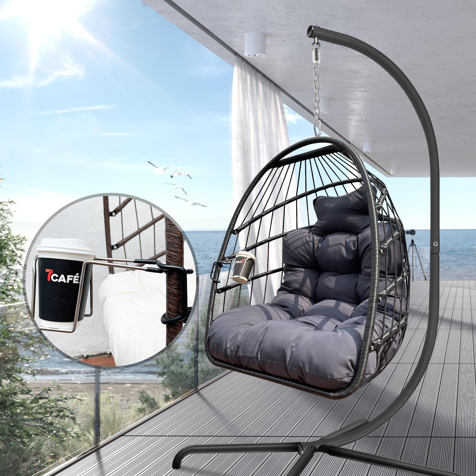 JESE Foldable Wicker Egg Swing Chair with Stand - UV Resistant & Waterproof Cushion, 350lbs Capacity Hanging Chair with Cup Holder - Perfect for Patio, Bedroom, Indoor & Outdoor Relaxation (Black)