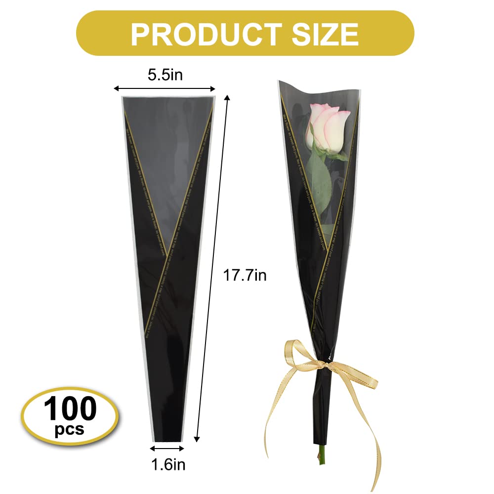 BEISHIDA 100 PCS Plastic Flower Sleeves for Single Roses - Black and Gold Letter Cellophane Wrapping for Florist Bouquets, Valentine's Day, Mother's Day Gifts - Perfect for Wedding, Anniversary and Romantic Occasions
